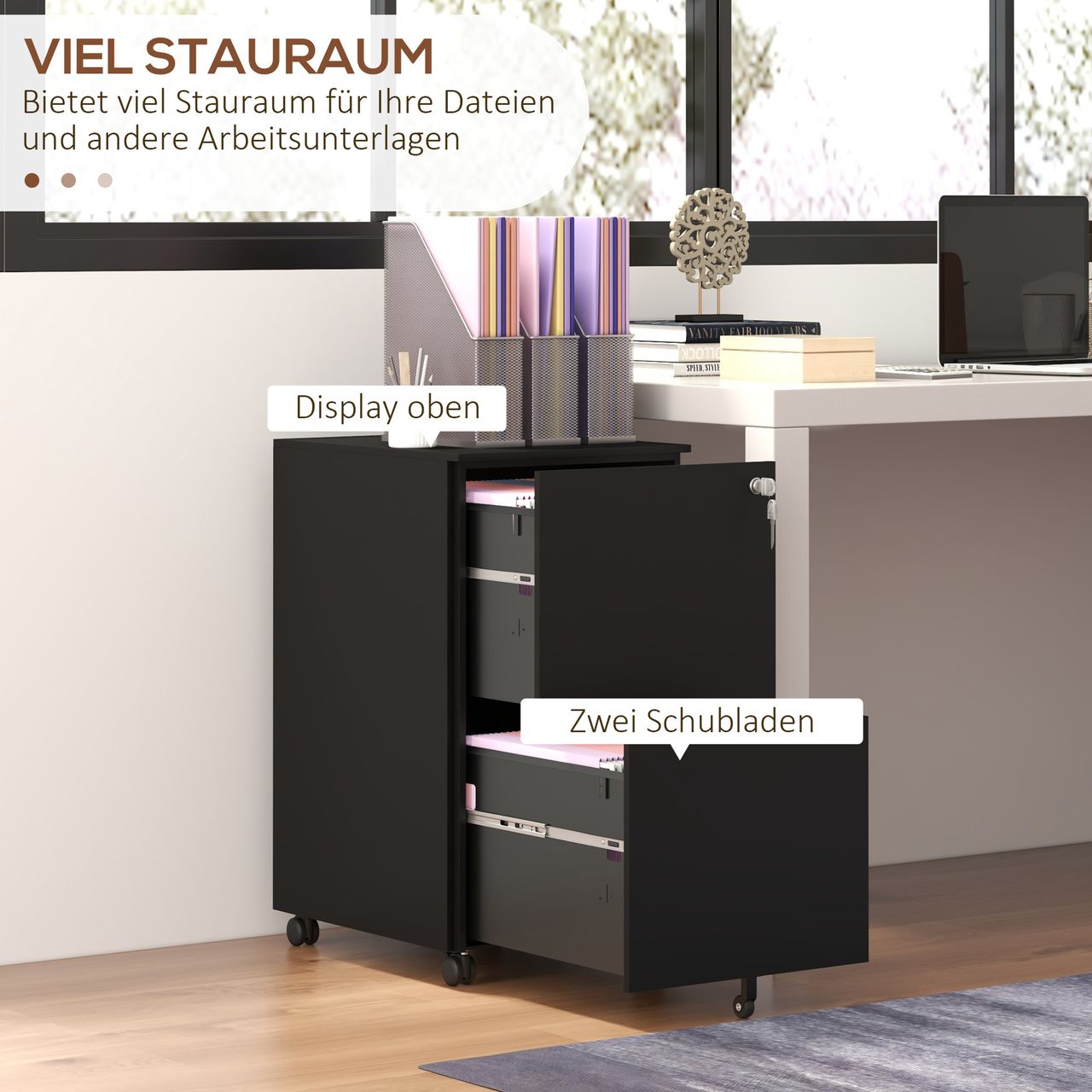 Vinsetto Rollcontainer Aktenschrank mit 2 Schubladen, Abschließbarer Büroschrank