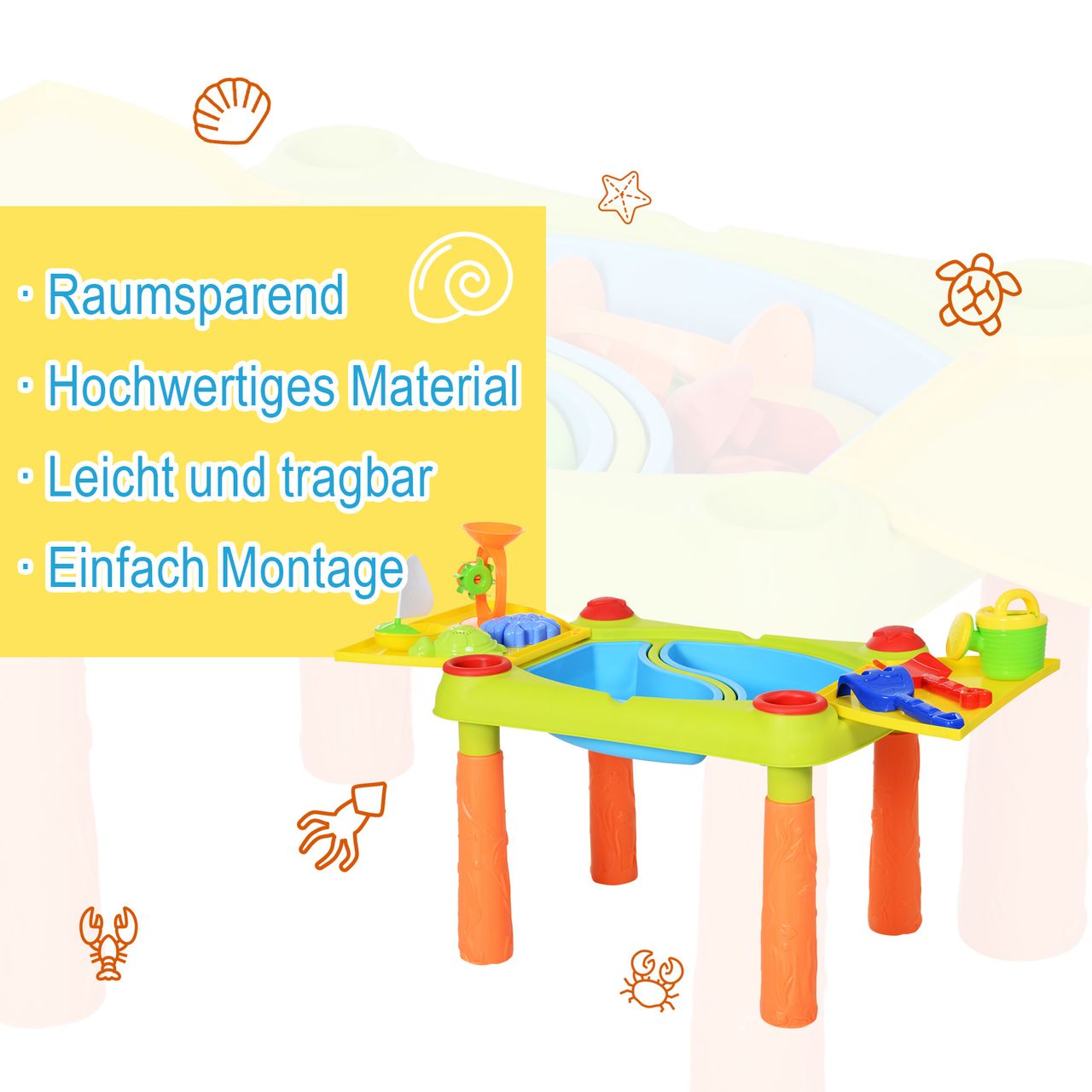 HOMCOM Kinder Sandspielzeug, Sandkastentisch mit 16-tlg. Zubehör, Spieltisch, Strandspielzeug, ab 3 Jahren, PP, 99,5 x 49 x 48 cm