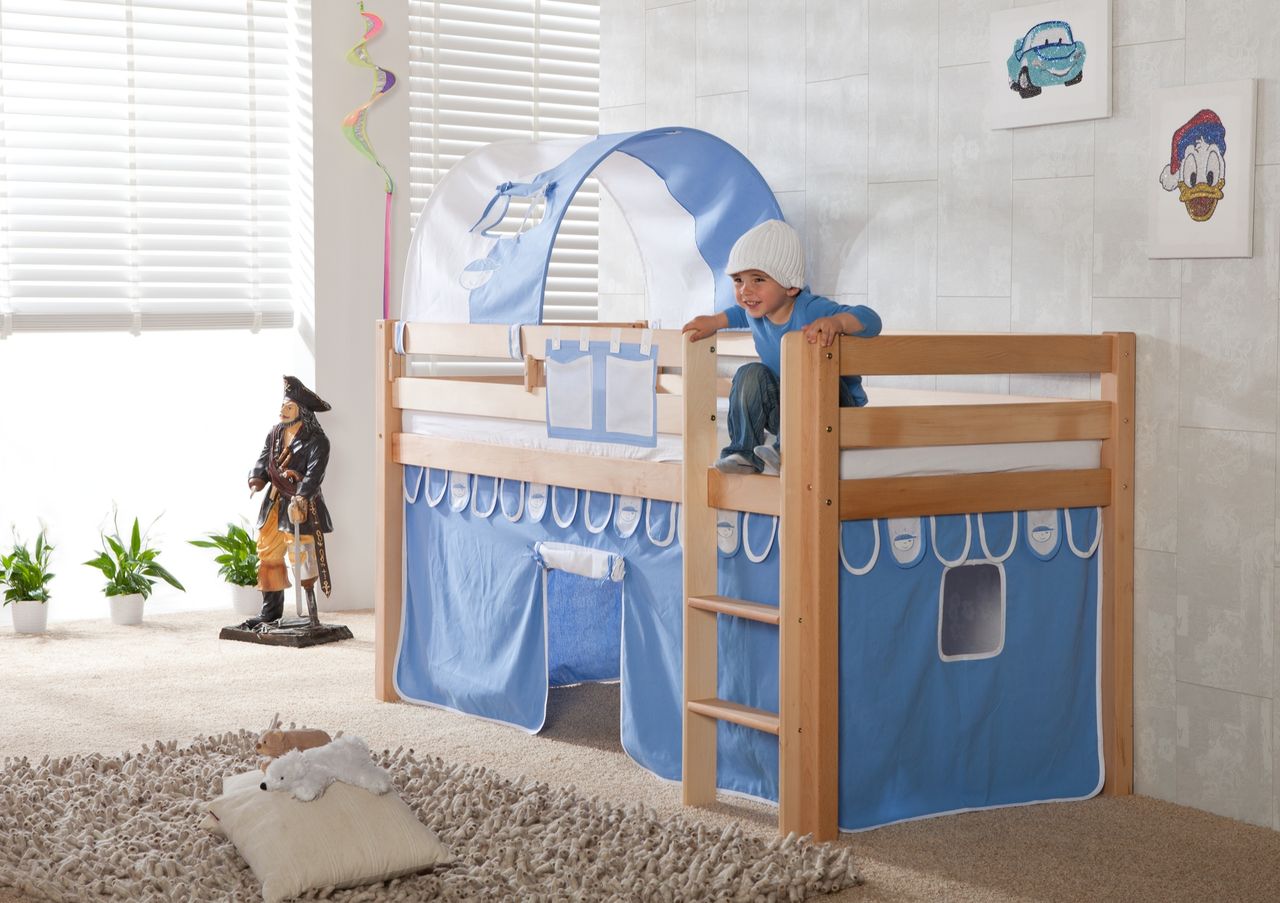 Relita Halbhohes Spielbett ALEX Buche massiv natur lackiert mit Stoffset blau/boy