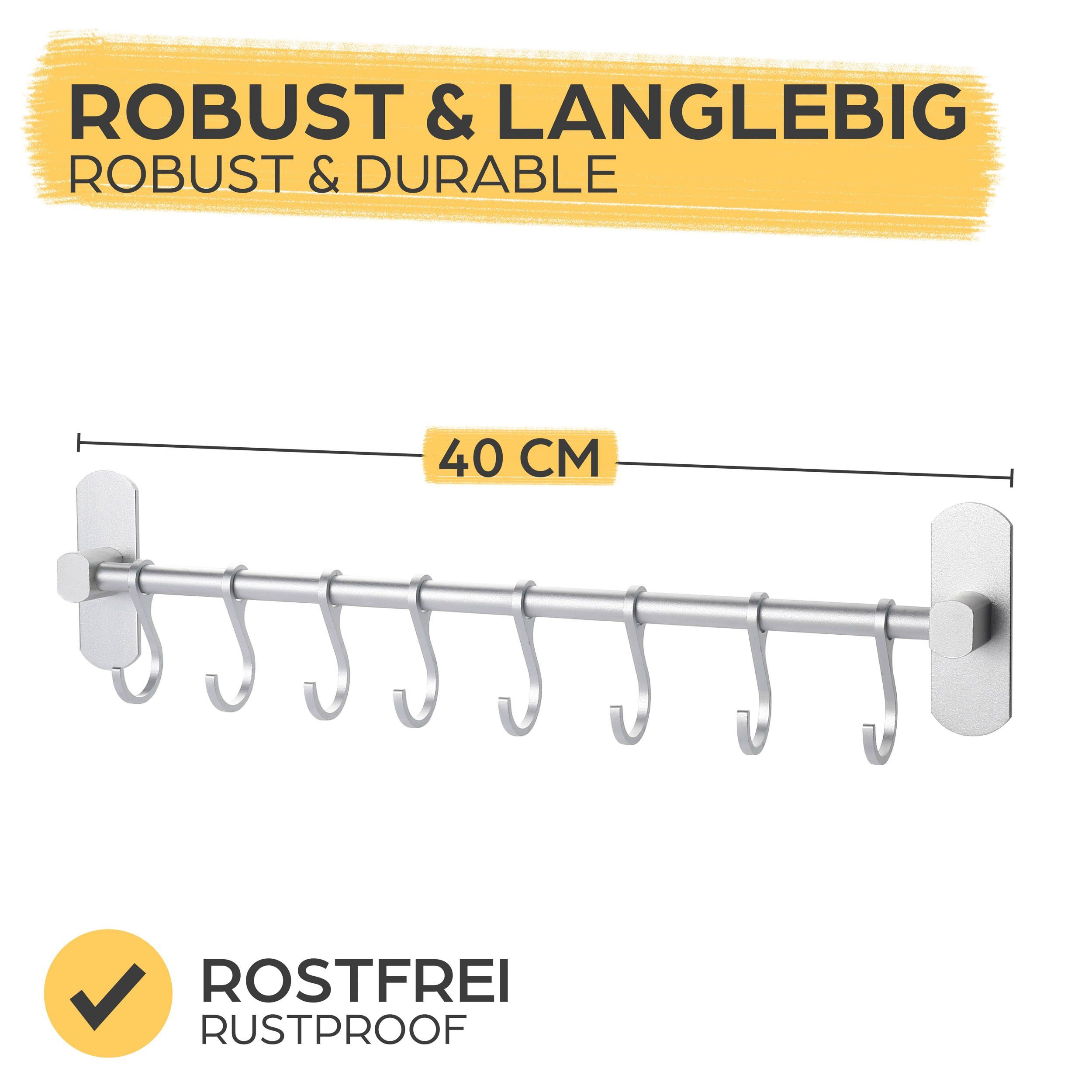 Praknu Wandhaken Hakenleiste für Küchenutensilien mit 8 Haken, Küche, Badezimmer, Terrasse, Balkon, Keller, Werkstatt, Garage, (Set, 8-St., Hakenleiste mit 8 Haken), Ohne Bohren - Selbstklebend - 40 cm