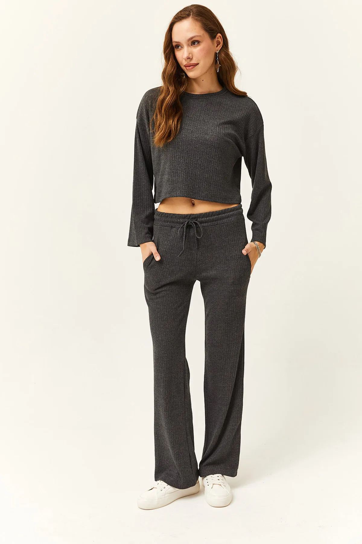 Olalook  Damen Anthrazit Oberteil Lockere Bluse Unterteil Tasche Hose Set