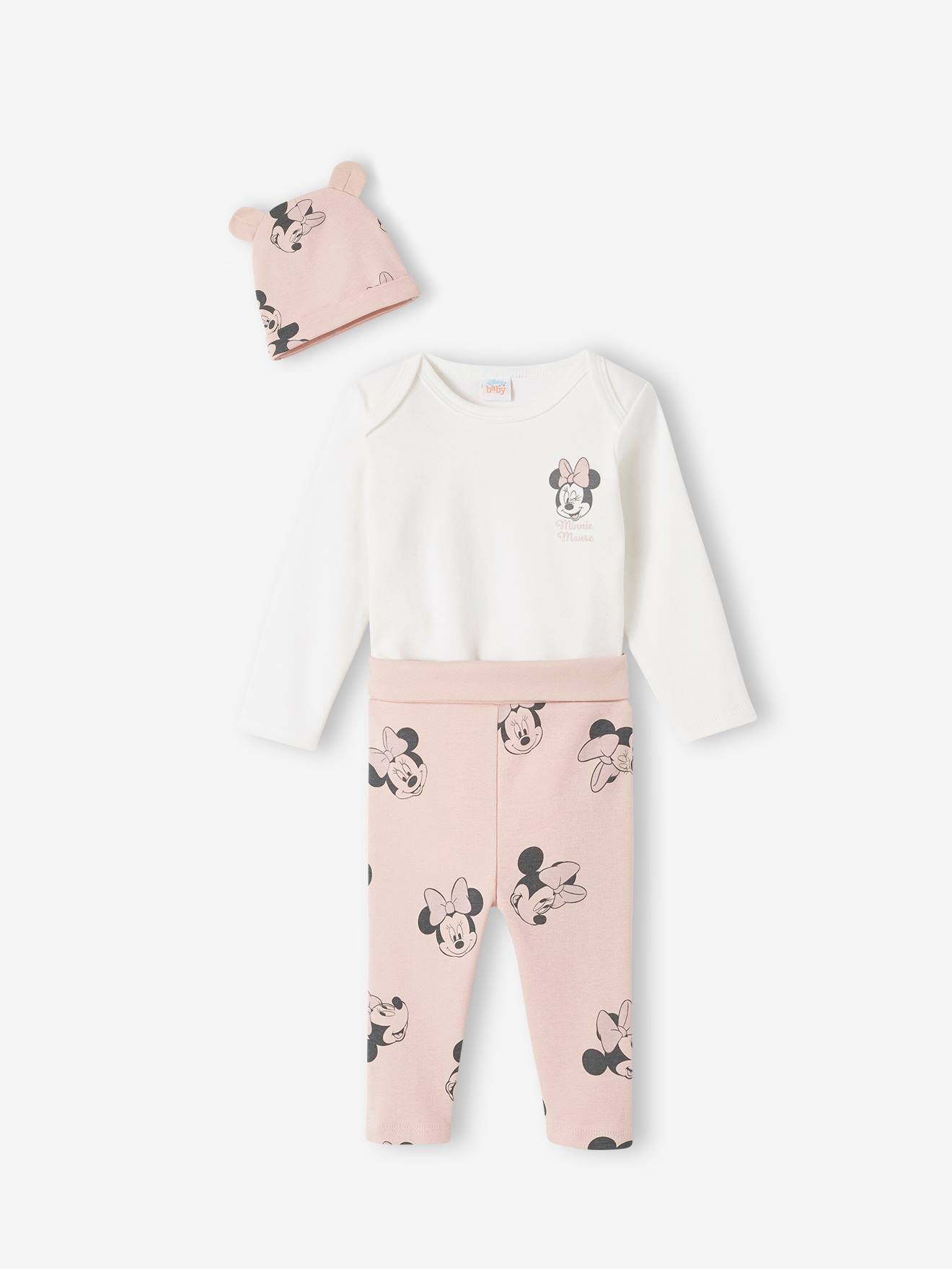 Ensemble bébé fille body + pantalon + bonnet DS® Minnie blanc/rose poudré