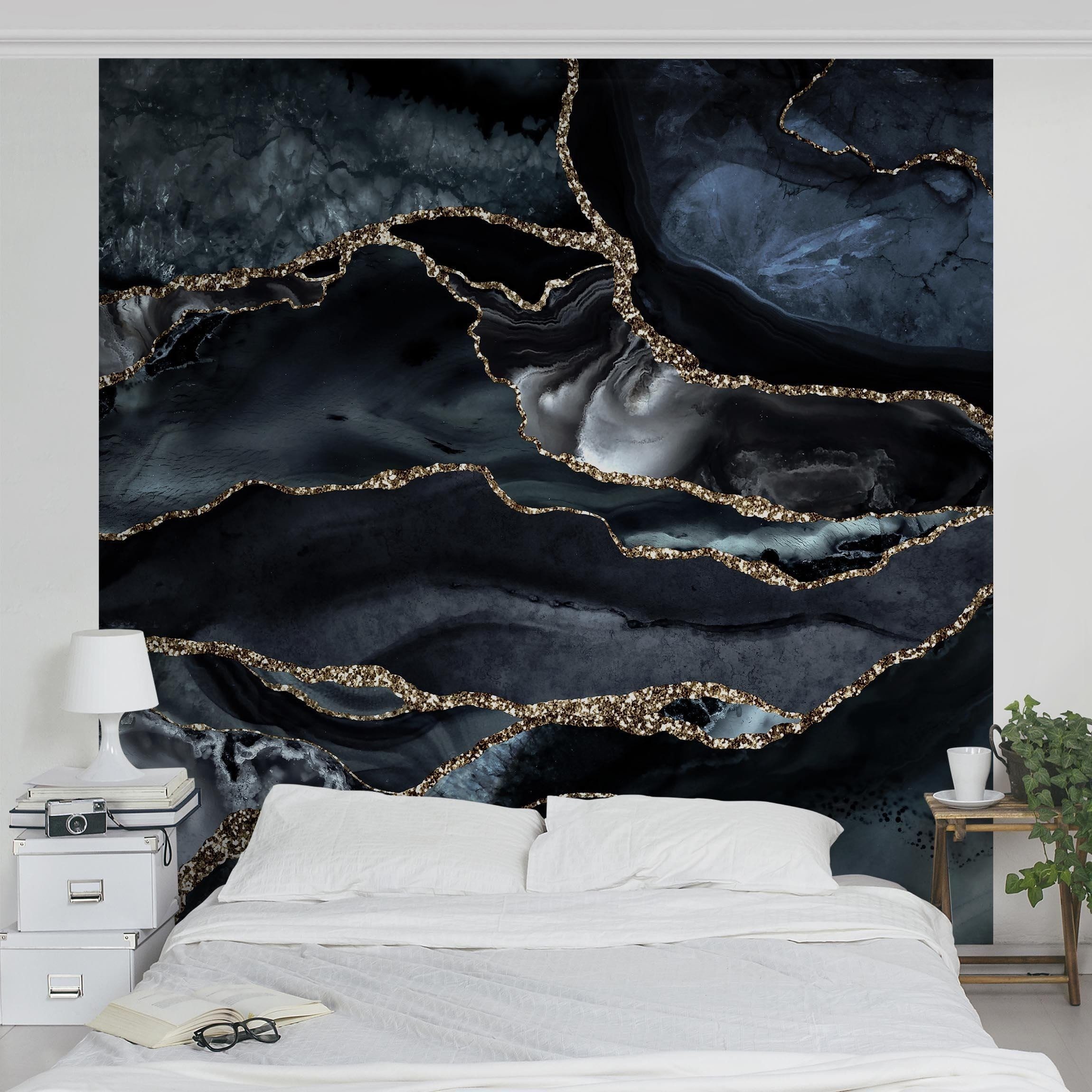 Bilderdepot24 Vliestapete Abstrakt Schwarz Glitzer Gold Tapete Wanddeko Modern Kunst, Glatt, Matt, (Inklusive Gratis-Kleister oder selbstklebend), Wohnzimmer Schlafzimmer Küche Flur Fototapete Motivtapete Wandtapete