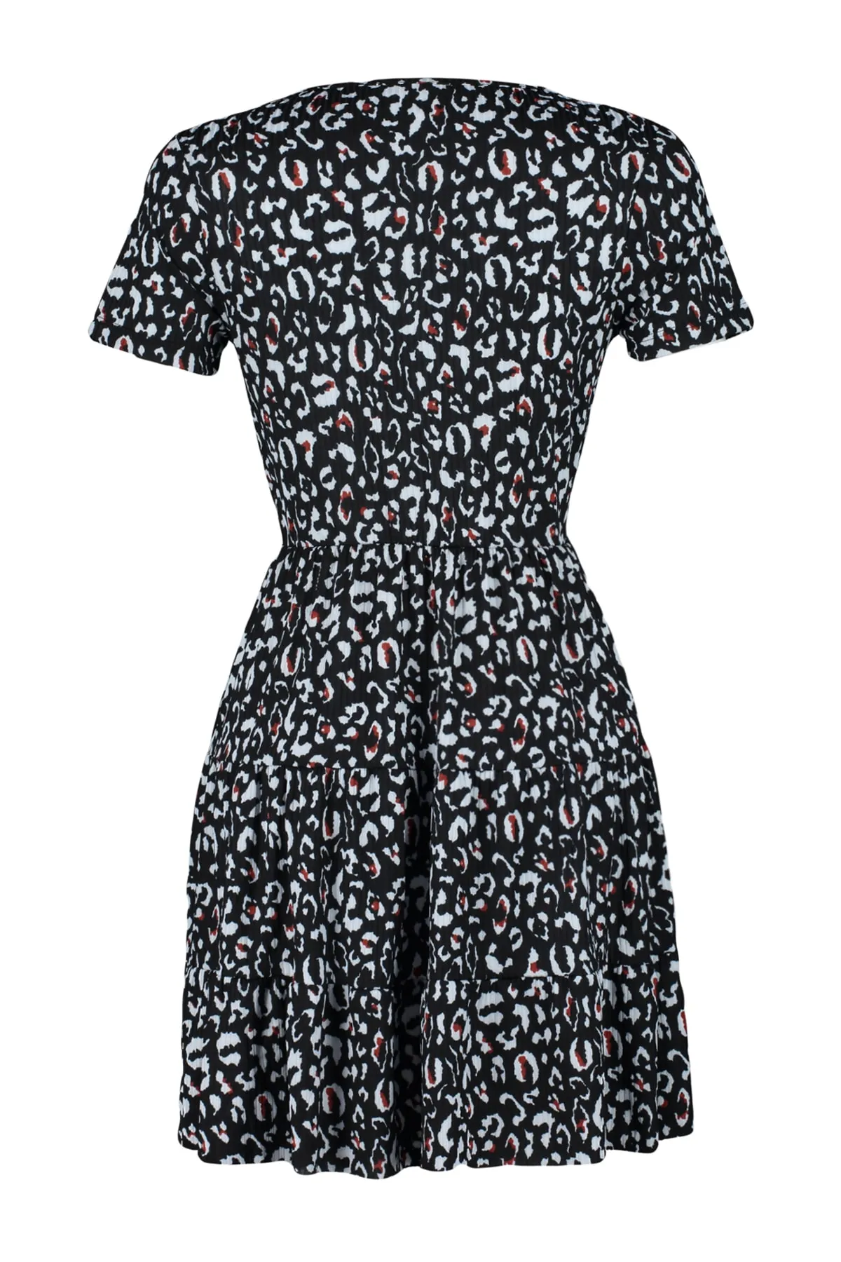 Trendyol Collection  Schwarzes, bedrucktes, zweireihiges Mini-Stretch-Strickkleid mit zweireihigem Ausschnitt TWOSS21EL0241