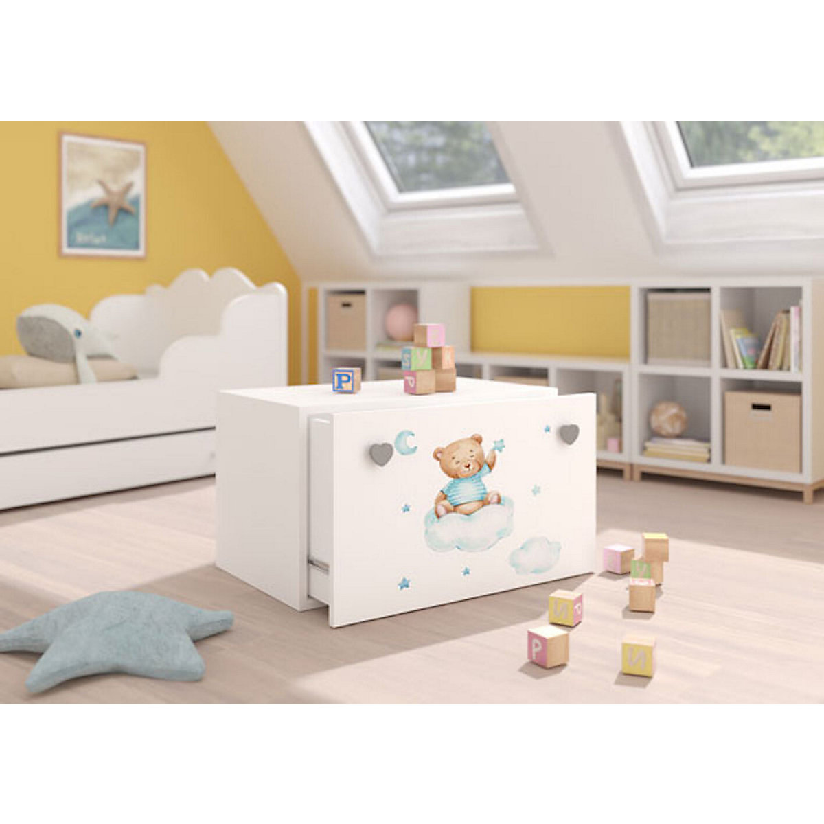 Spielzeugtruhe Sitztruhe Inga 70cm weiß Motiv Meerestiere
