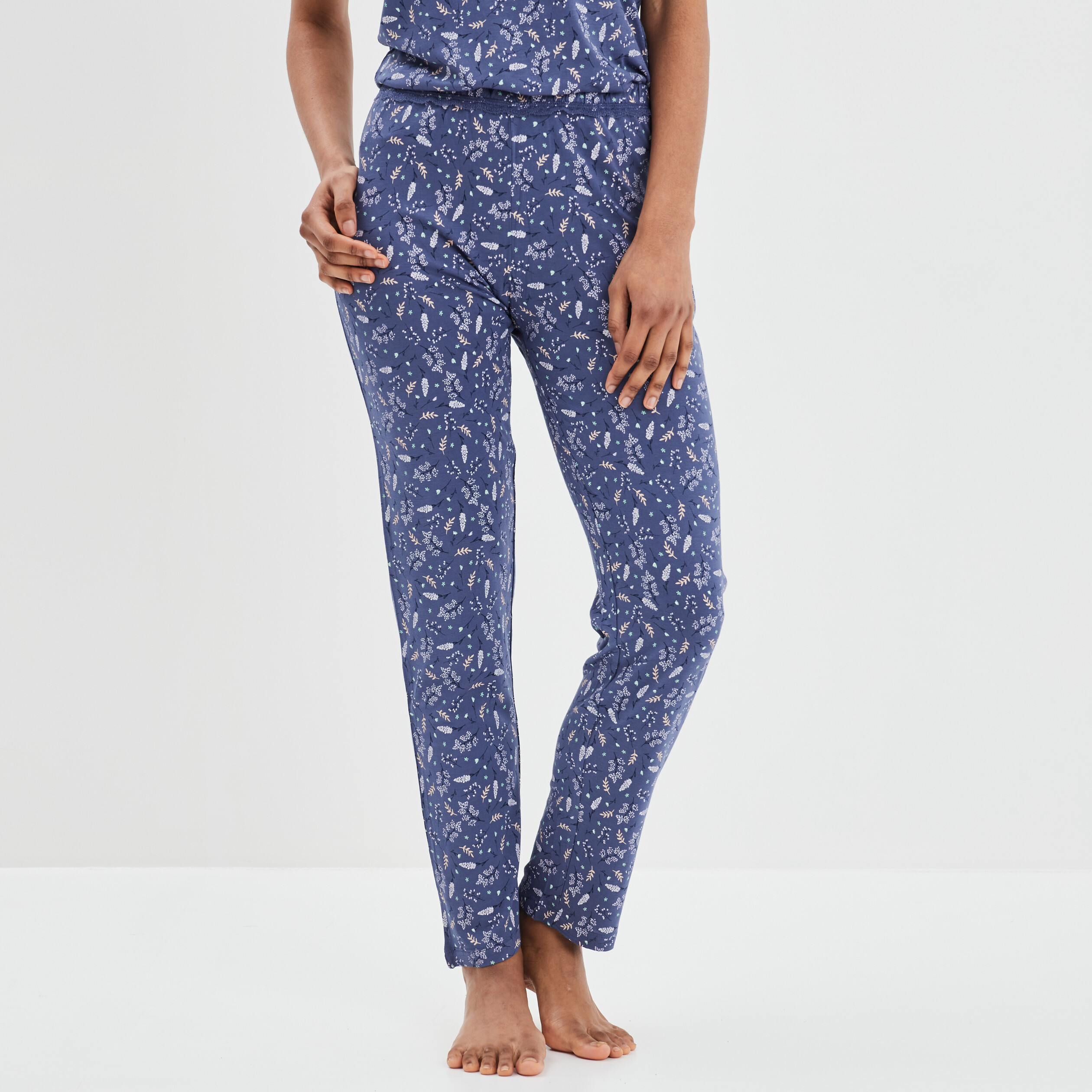 Pantalon pyjama liseré dentelle bleu femme | La Halle