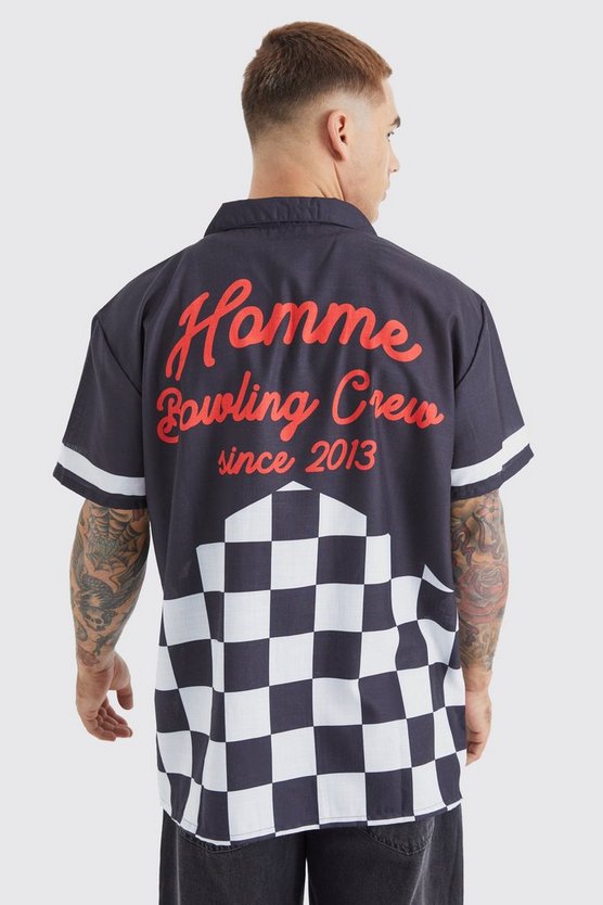 Kurzärmliges Oversize Bowling-Hemd mit Schachbrett-Print