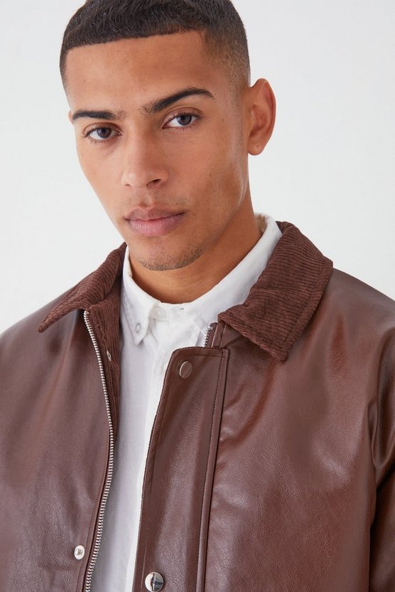 PU Harrington-Jacke mit Kord-Detail