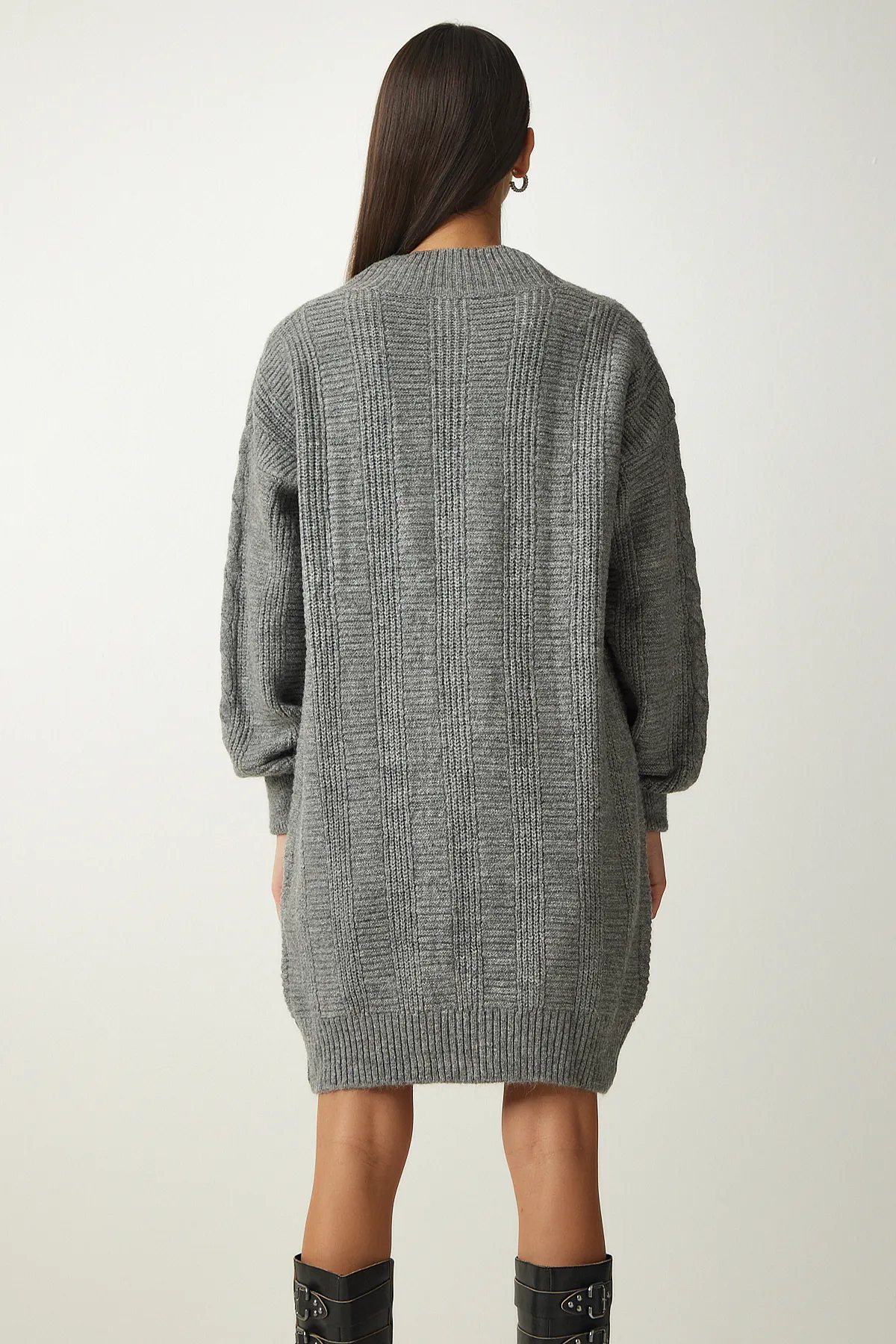 Happiness İstanbul  Grauer Oversize-Strick-Cardigan mit Ballonärmeln für Damen DD01033