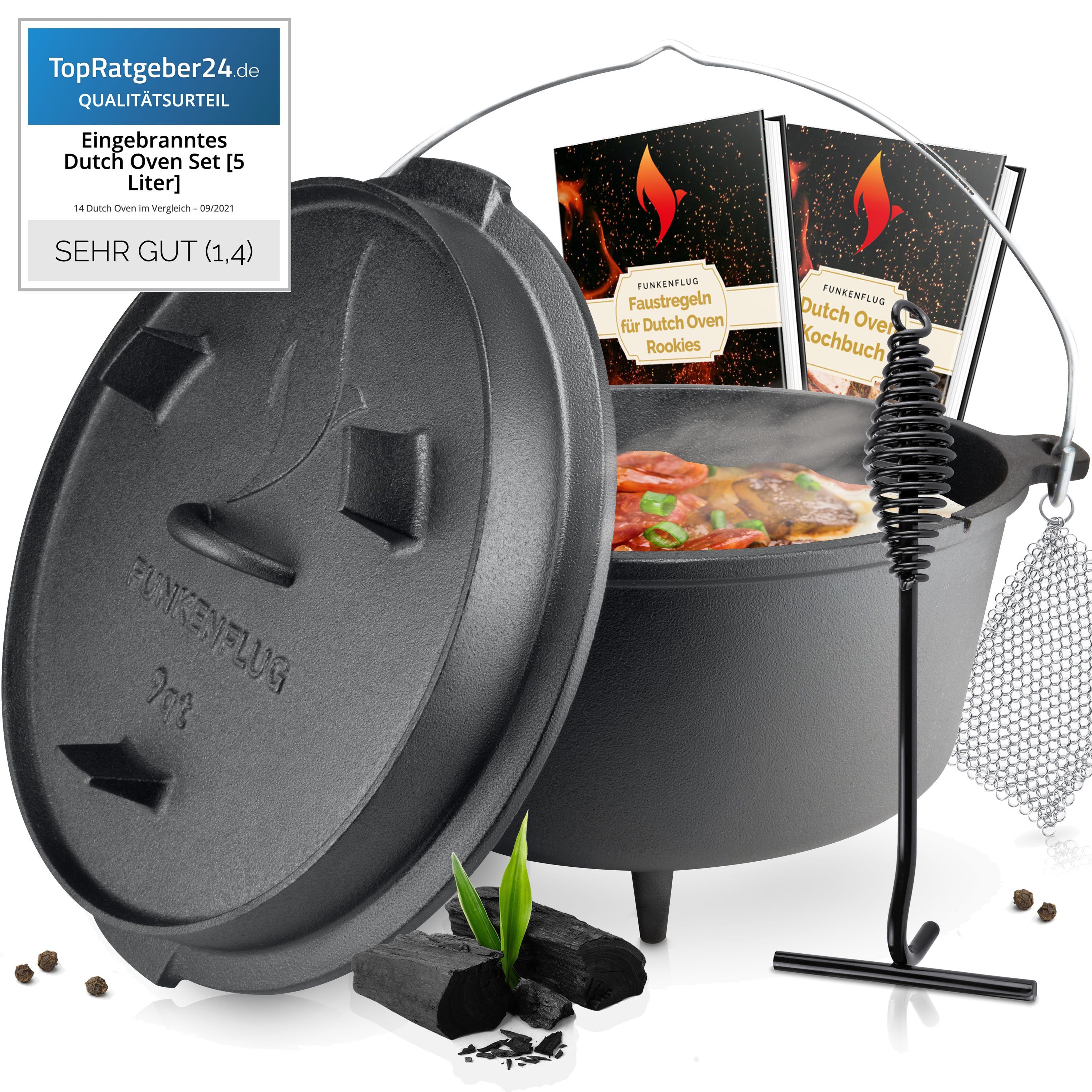 Funkenflug Feuertopf Eingebranntes Dutch Oven Set - für gesellige Grill Abenteuer, Gusseisen (Dutch Oven Set, 5-tlg., - BBQ Feuertopf aus massivem dickwandigen Gusseisen), inkl. Transporttasche, Deckelheber & Ringreiniger