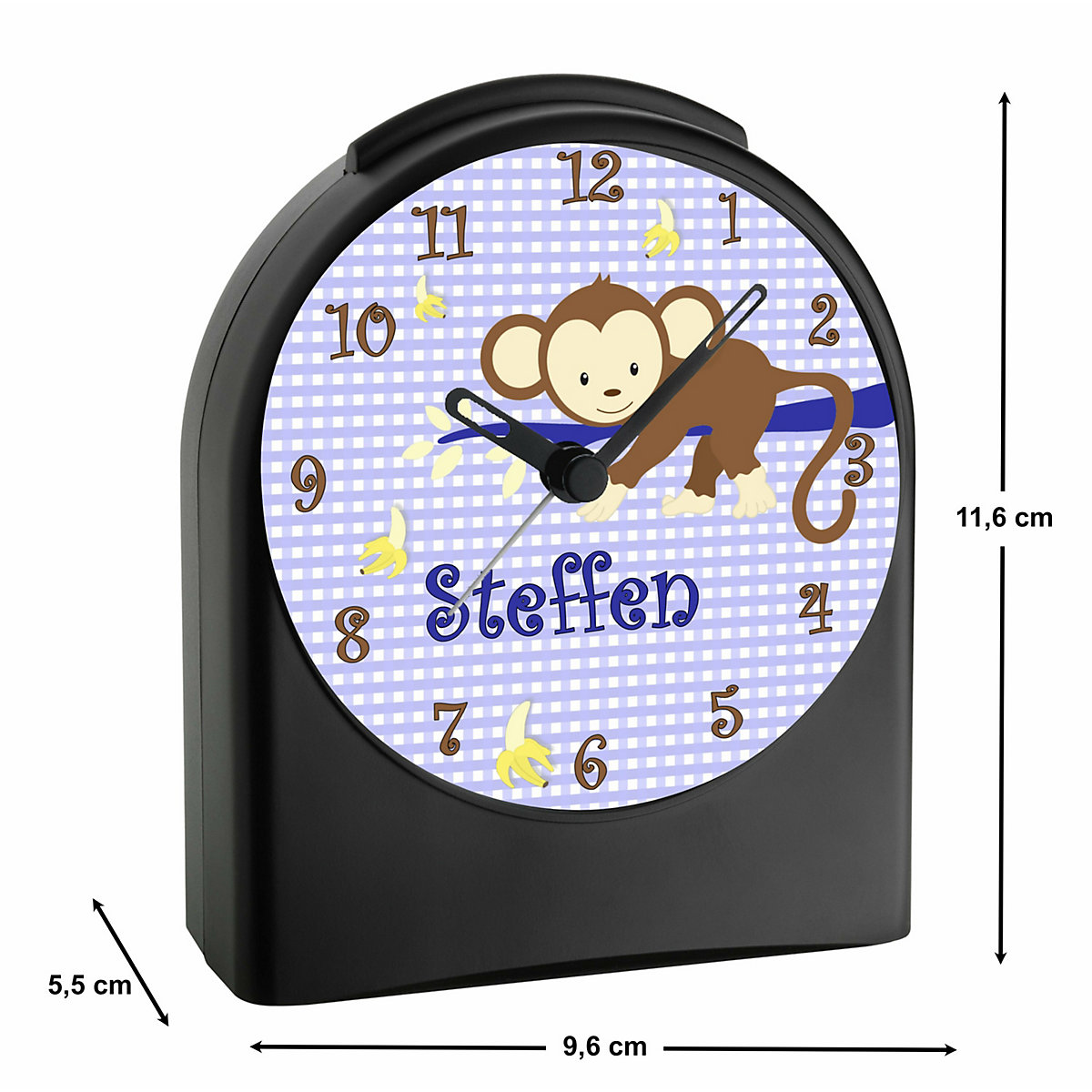 Kinder Funkwecker personalisiert mit Namen Affe Atom-/Funkuhr, 12-Stunden-Anzeigeformat, Schlummerfunktion, Nachtlicht, Geräuschlos/Ohne Ticken