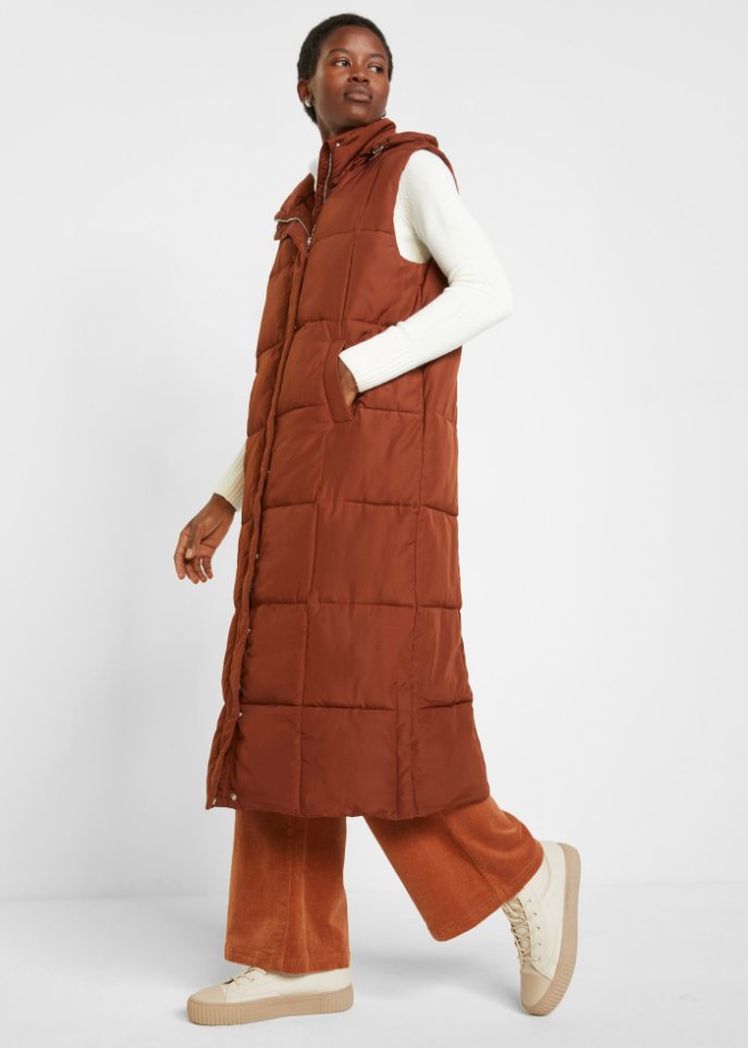 Wattierte Puffer-Weste aus recyceltem Polyester in Maxilänge