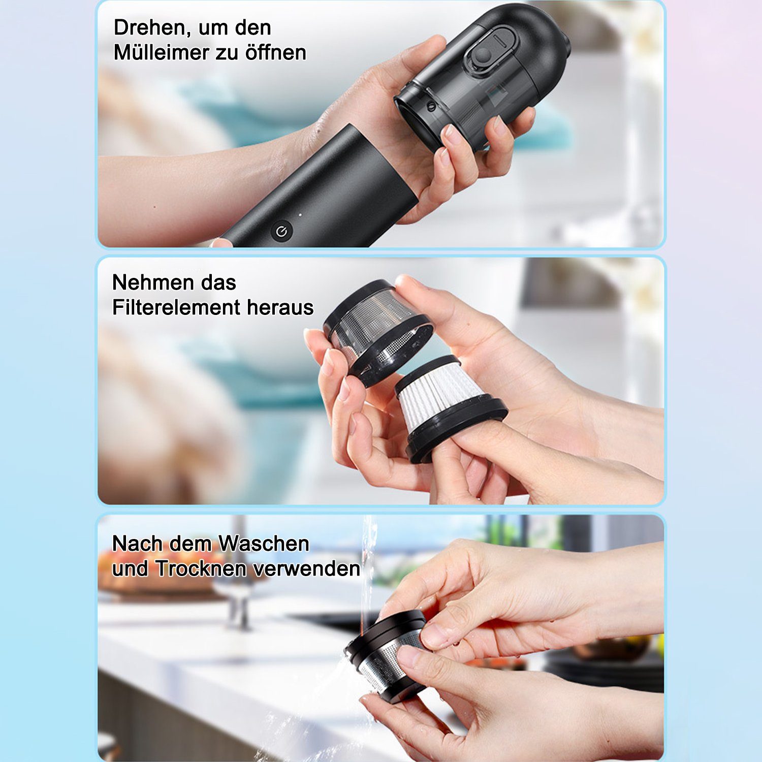 Kpaloft Akku-Handstaubsauger 6000Pa Kabelloser Autostaubsauger, Tragbarer Handsauger, 1500mAh Staubsauger, Nass & Trocken, für Tierhaare, Auto, Haus