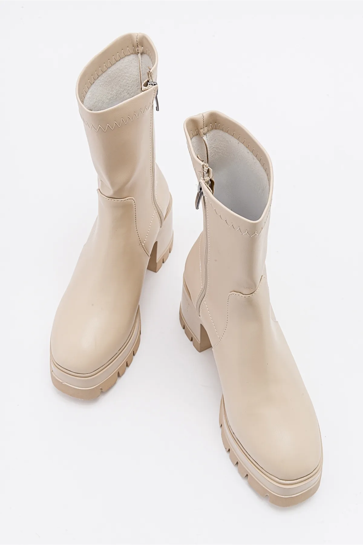 LuviShoes  TARTLE Beige Leder-Damenstiefel mit Plateau-Absatz