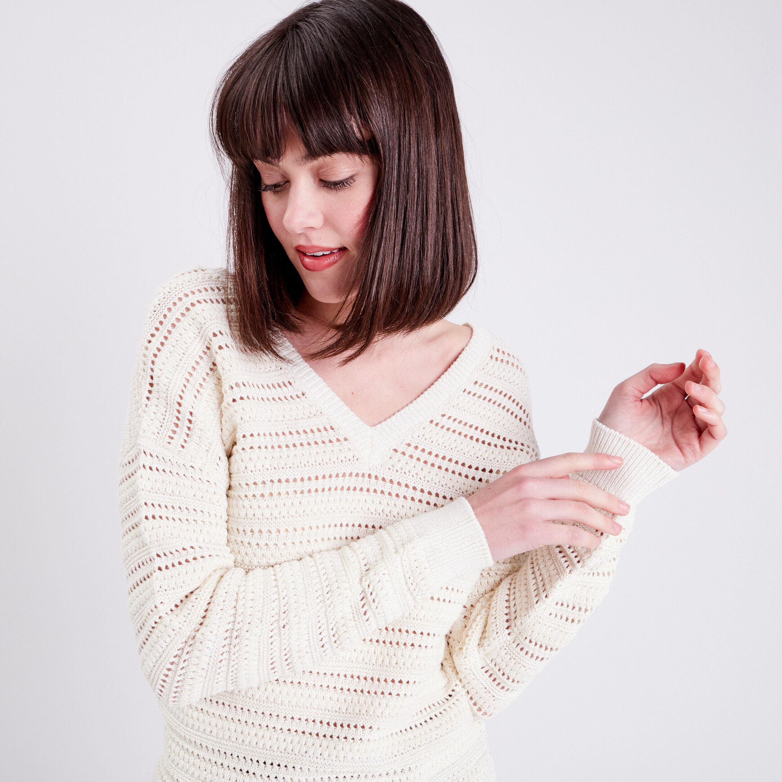 Pull ajouré col en V ecru femme | Cache Cache