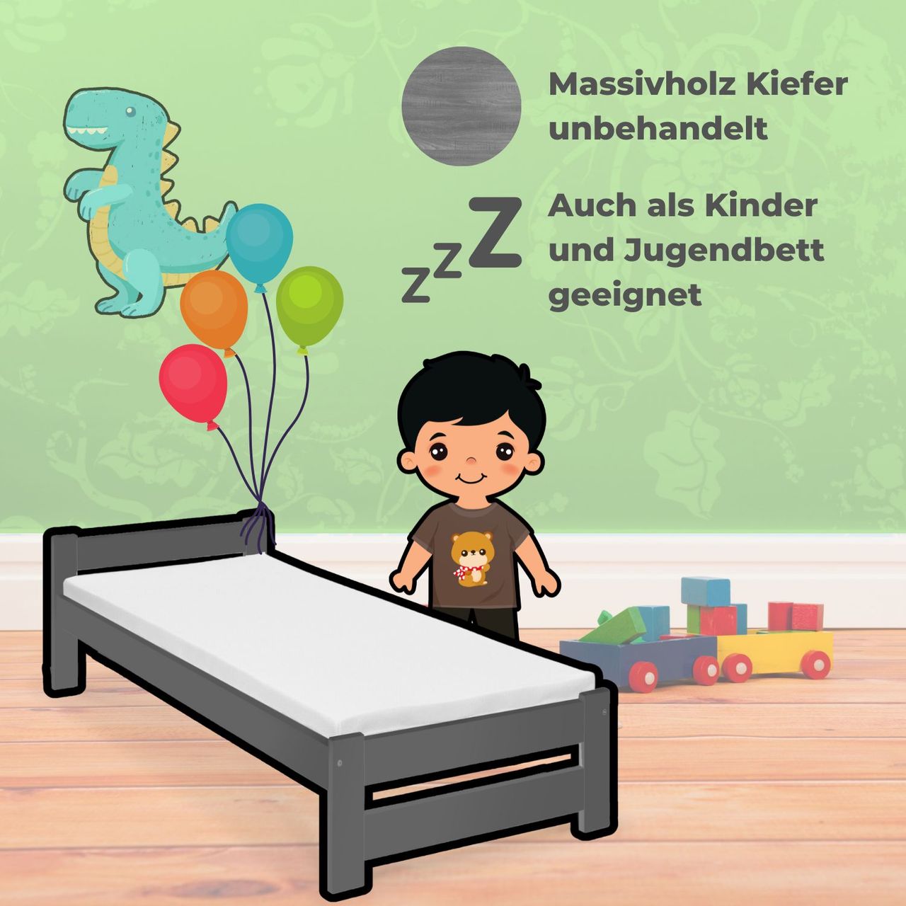Coemo Bett Classico Holzbett Bettgestell mit Lattenrost Massivholz Kiefer 90x200cm anthrazit