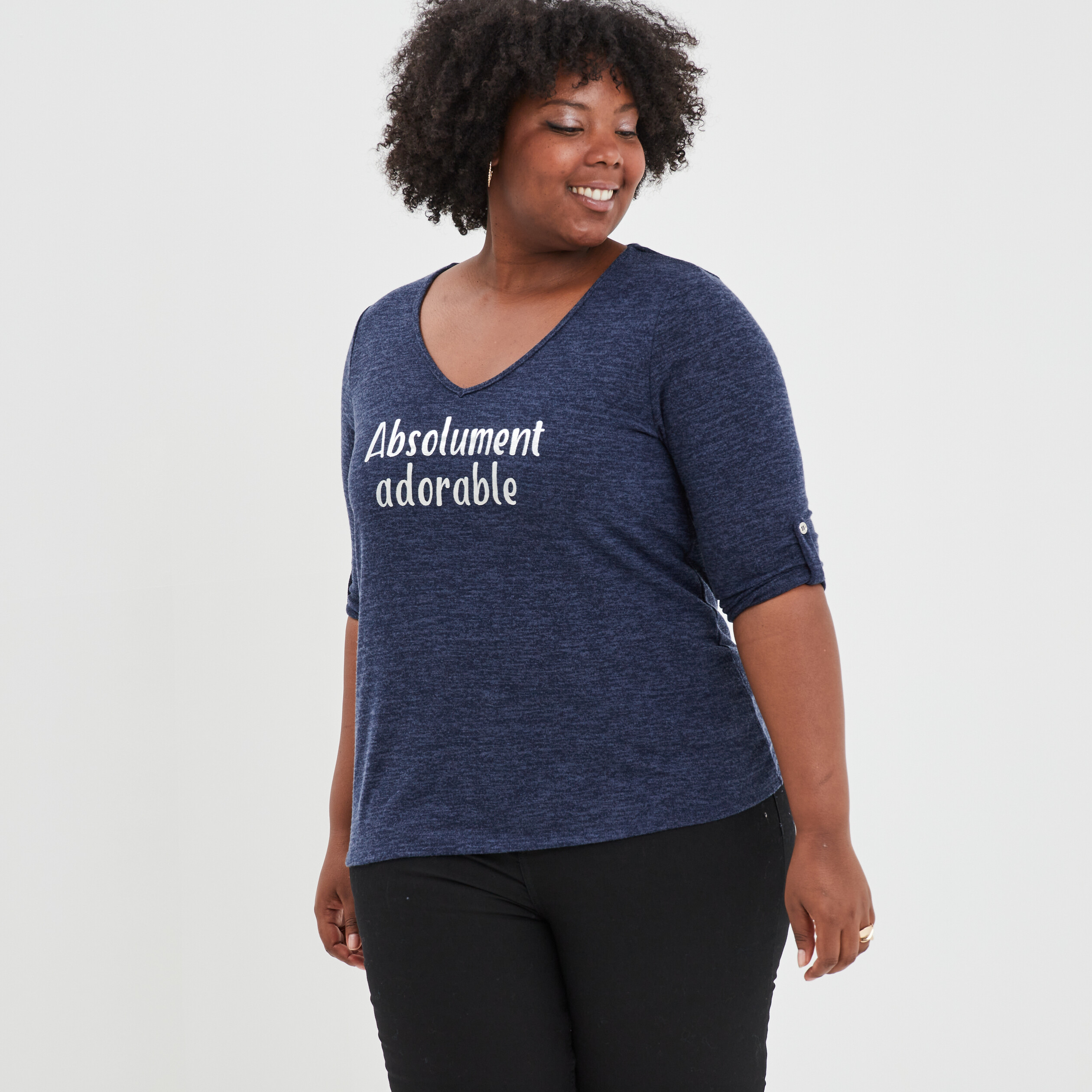Pull col en V manches 3 4 bleu marine femme grande taille | La Halle