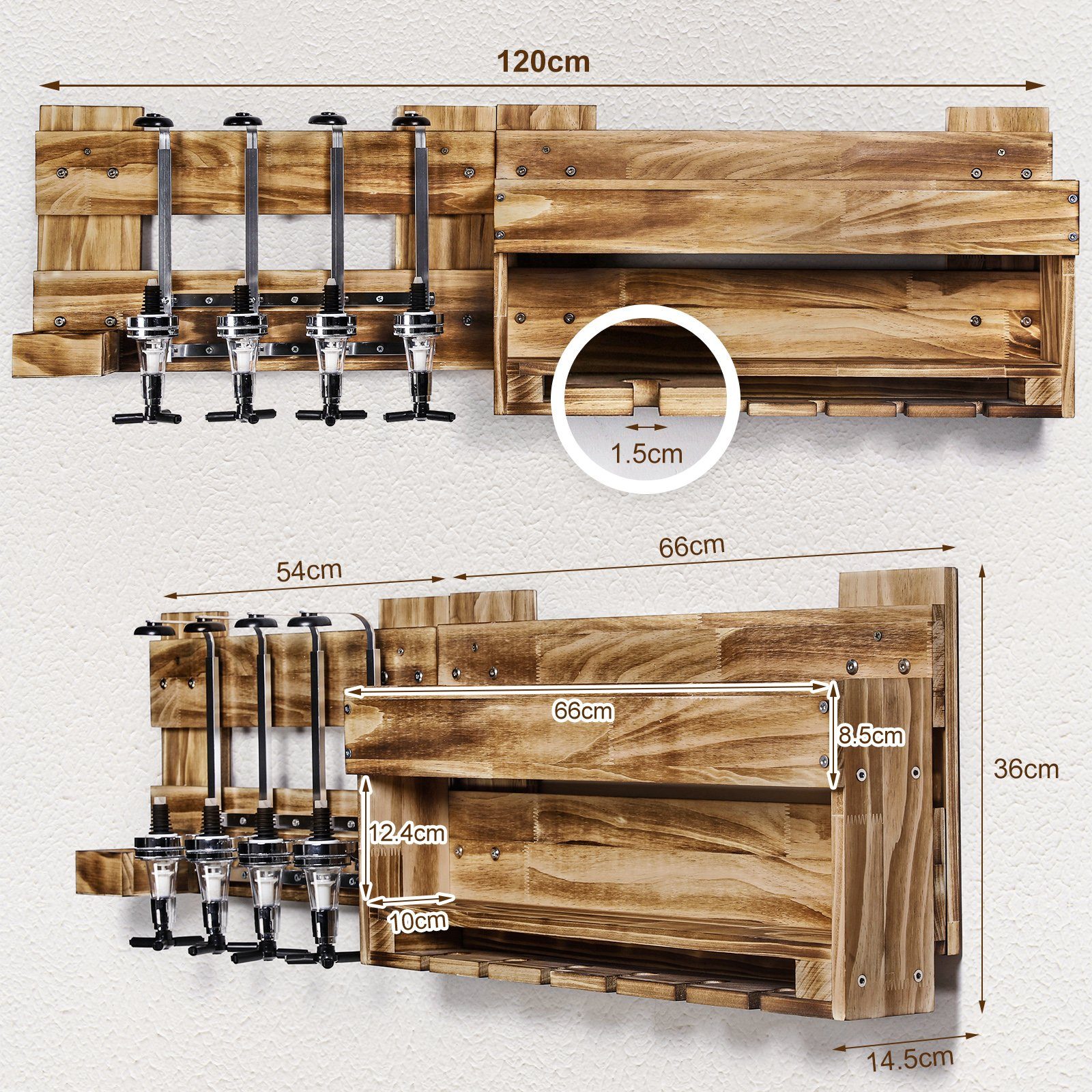 Yorbay Weinregal Weinregal aus Holz, Wandbar mit 4 Getränkespender, Wandmontage Wand Flaschenhalter Vintage Stil