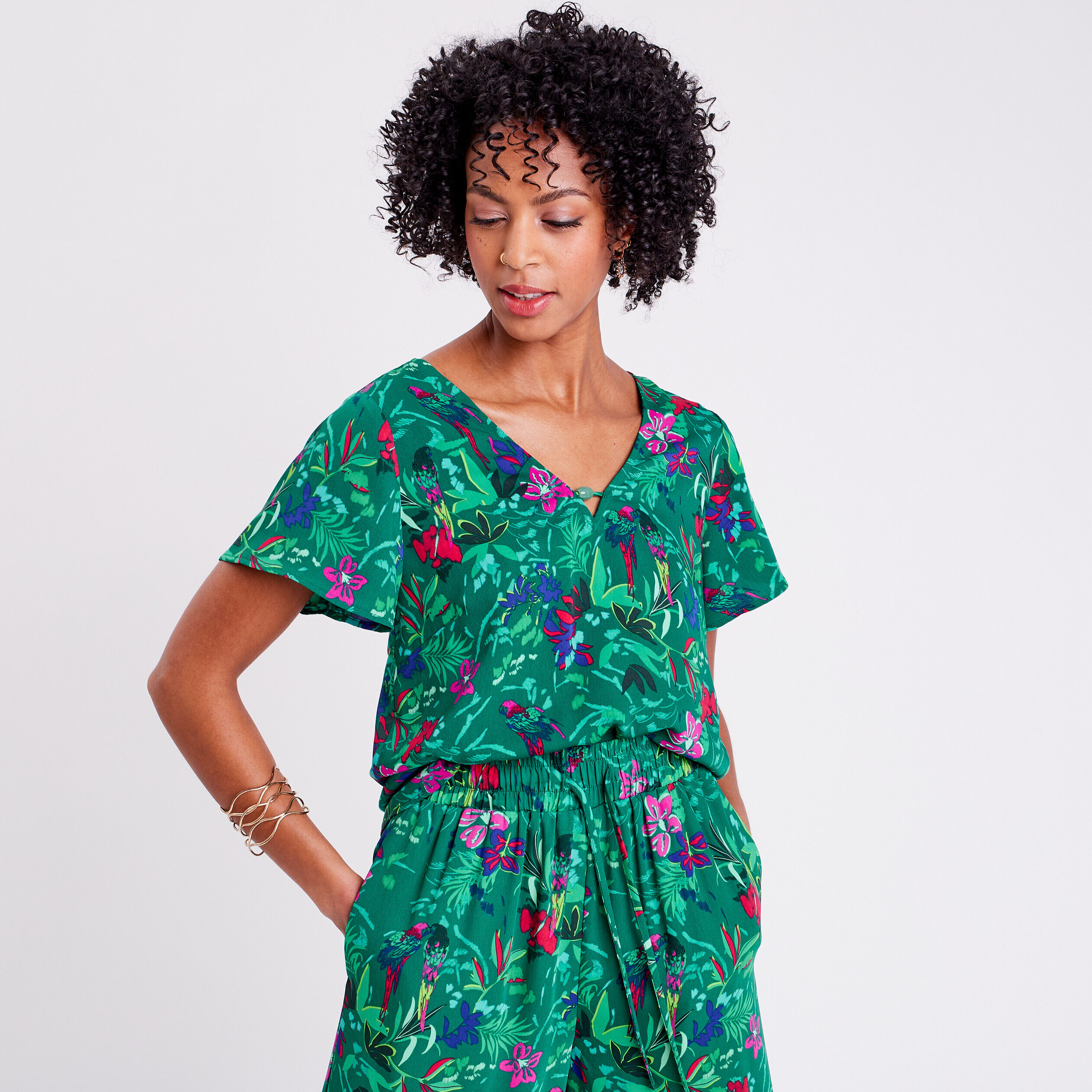 Blouse manches courtes vert femme | Cache Cache