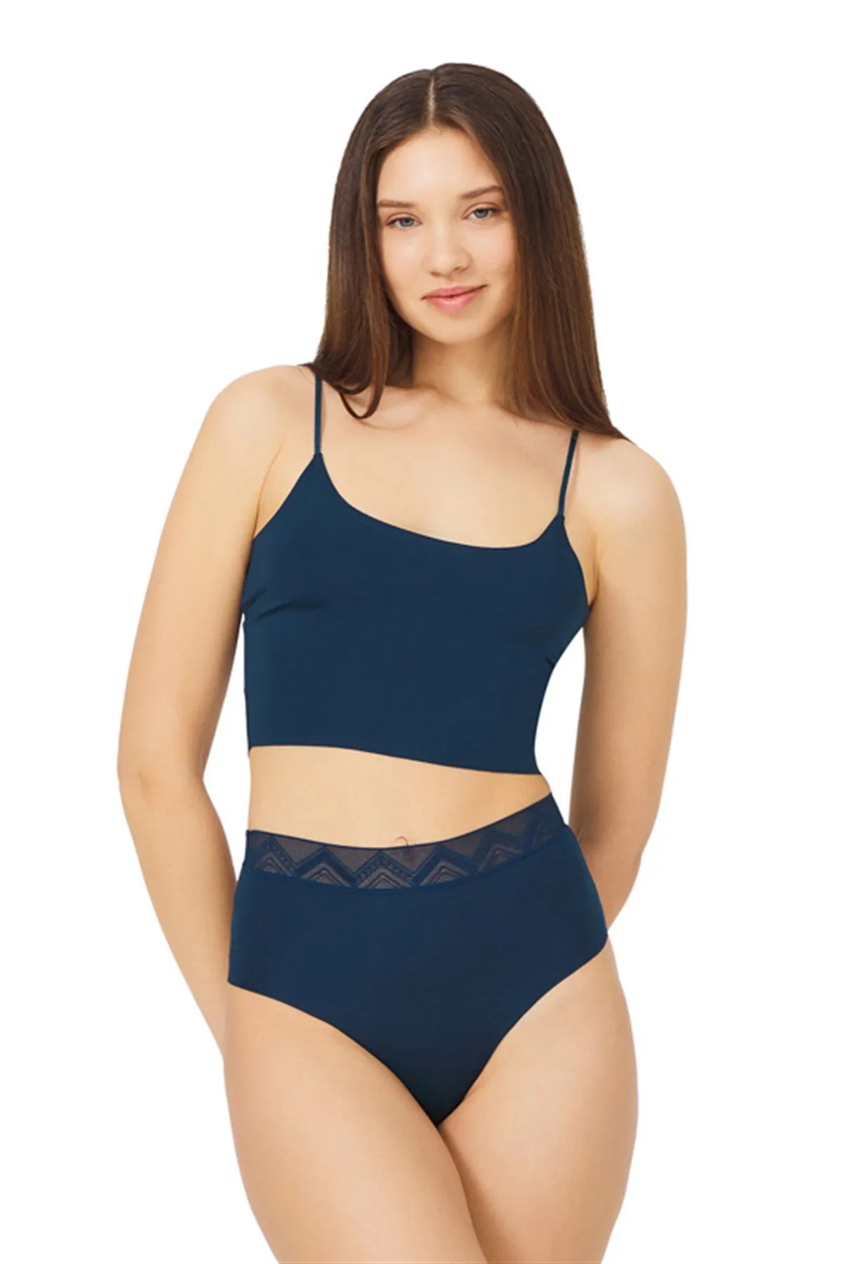 Cottonhill  Petrolgrün gemustertes elastisches Laser-Bikini-Höschen mit hoher Taille für Damen