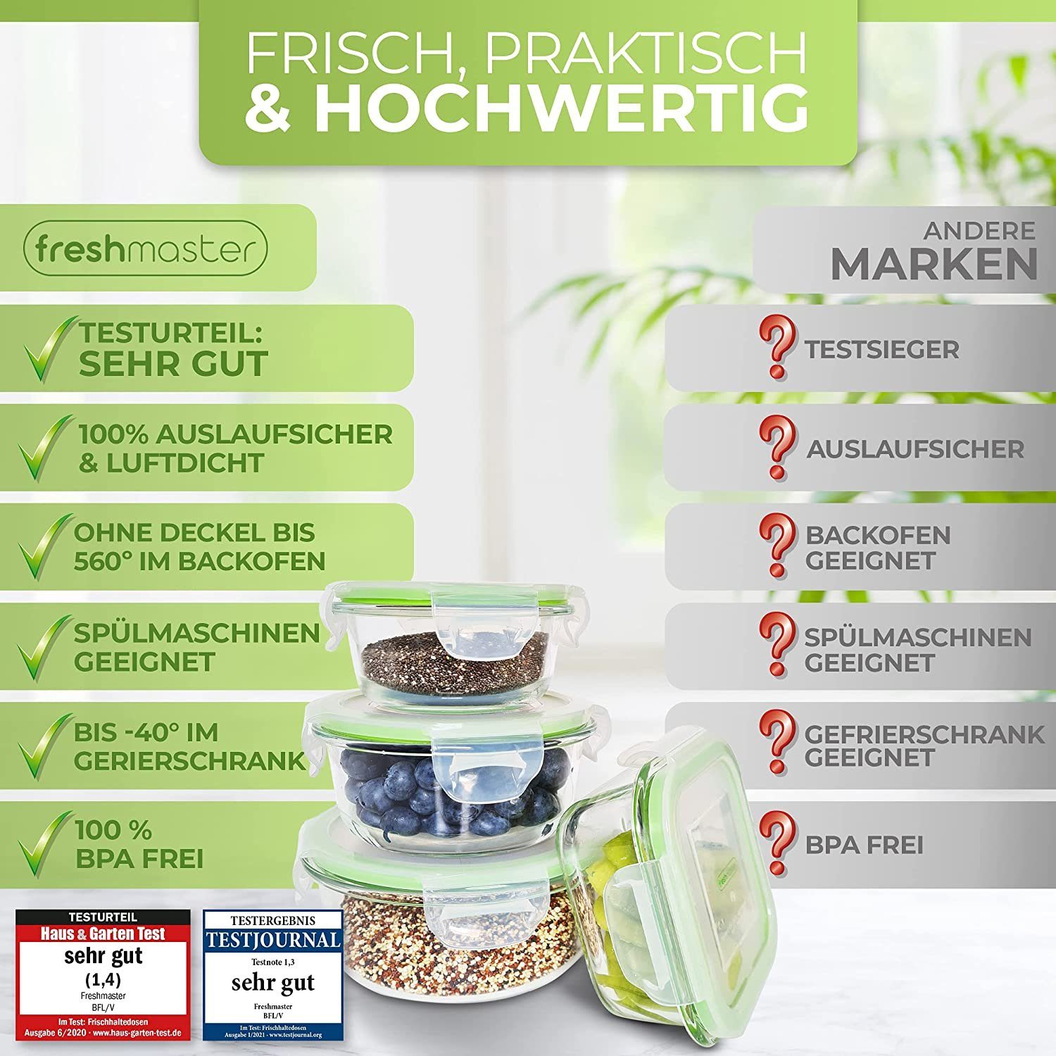 Fresh Master Frischhaltedose 18 tlg. Glas Vorratsdosen Set, Borosililatglas, (Set)