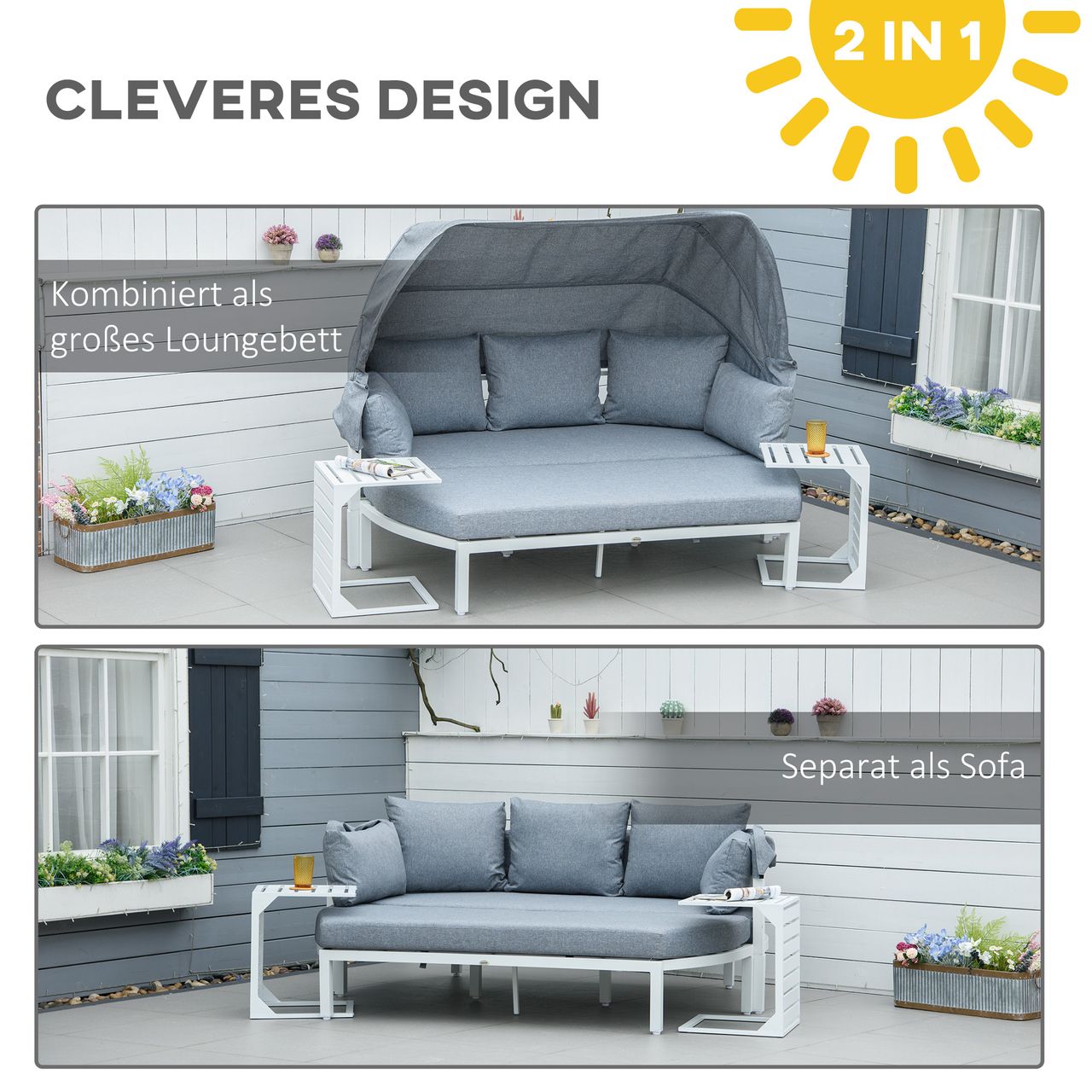 Outsunny 4-teiliges Gartenmöbel-Set mit Beistelltisch Dach Bank Balkonmöbel Set Sofa mit Kissen Outdoor Aluminium Weiß Grau