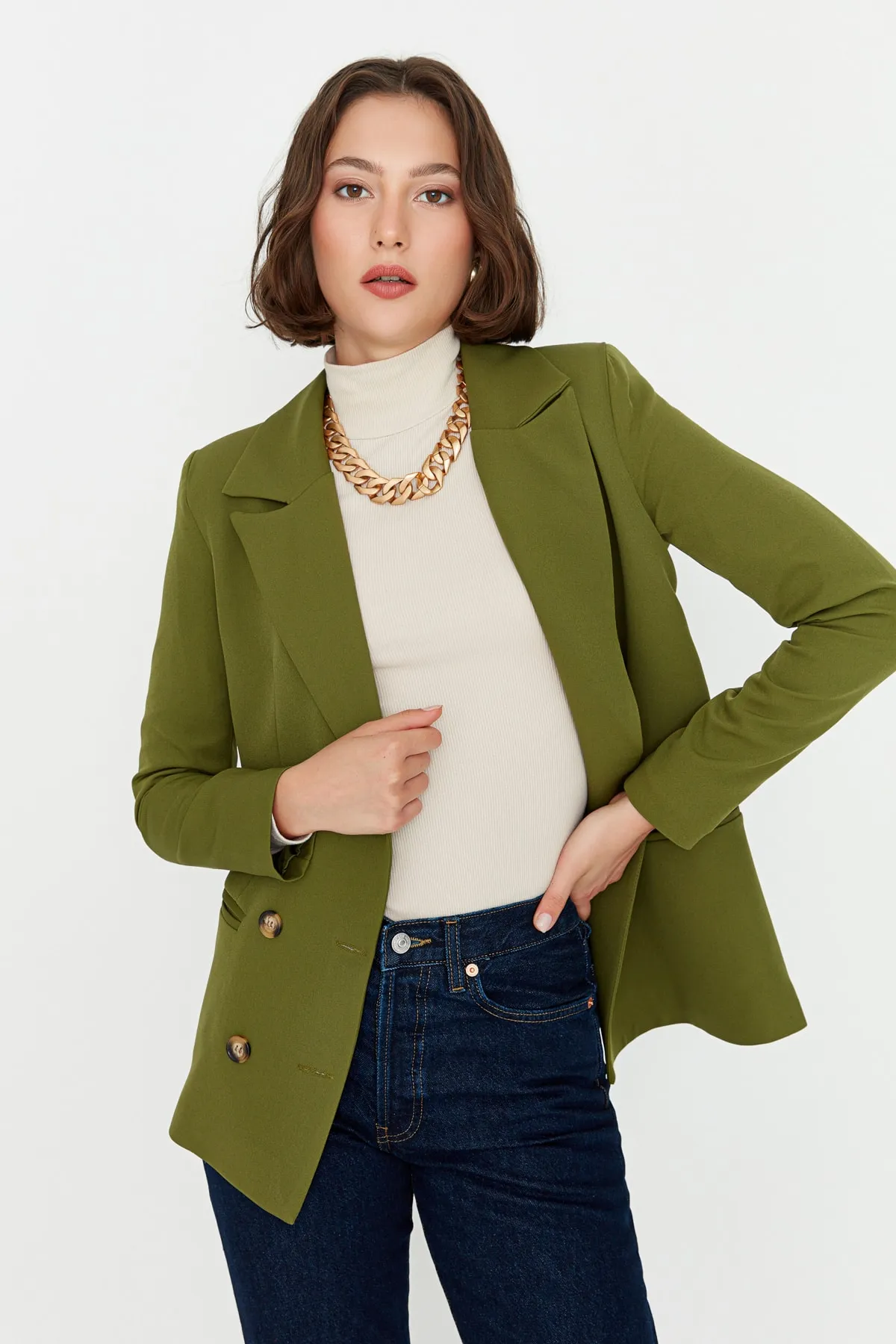 Trendyol Collection  Khakifarbene, gefütterte, zweireihige Blazerjacke aus Webstoff mit Knopfleiste TWOSS21CE0029