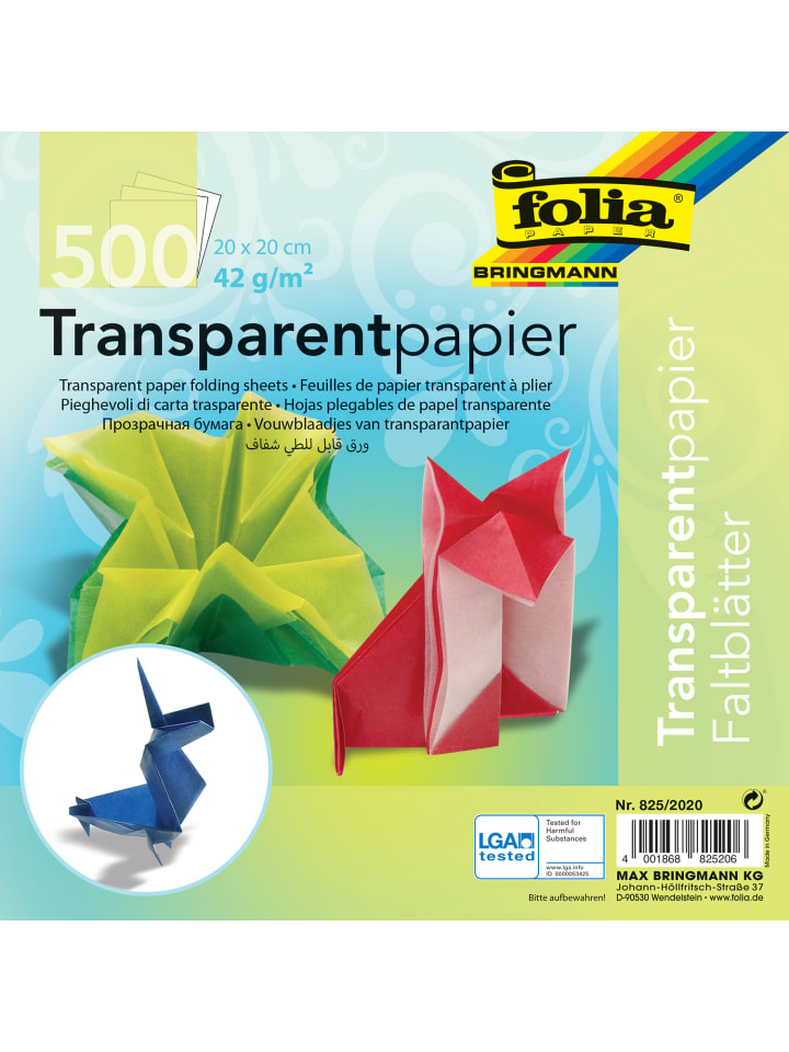 folia PAPER Faltblätter Transparentpapier 42g/m², 20x20cm, 10 Farben in mehrfarbig günstig kaufen onesize