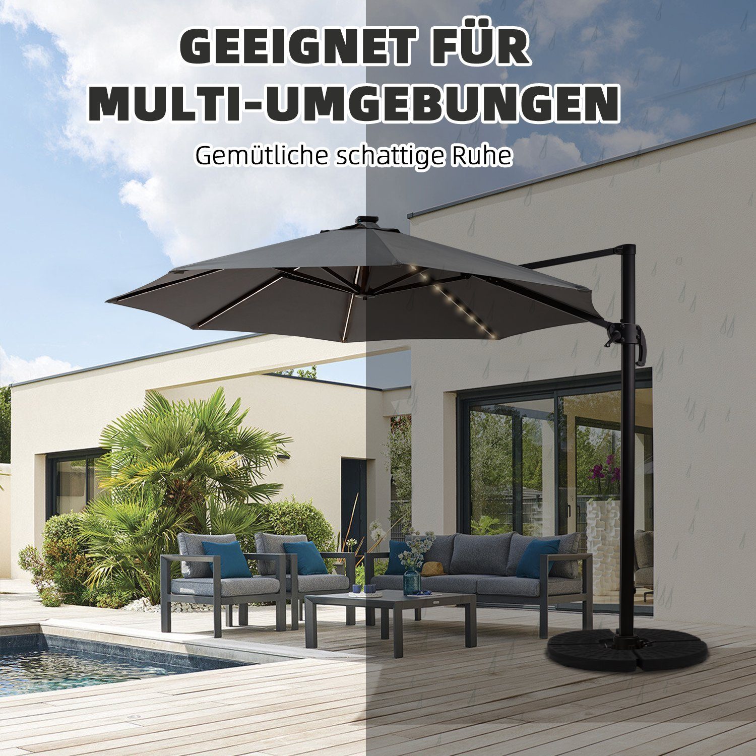 EROMMY Sonnenschirm Terrassenschirm für Garten und Balkon, LED-Leuchten, LxB: 300,00x300,00 cm, 360°drehbar, 5-fach verstellbar, ohne Schirmstander