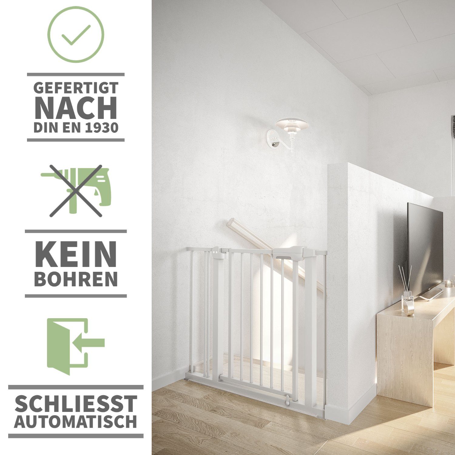 Sämann Türschutzgitter Sämann® Türschutz-/Treppenschutzgitter Stop and Go, 90° Stop, schließt automatisch, 3-Fach Sicherung, ohne Bohren