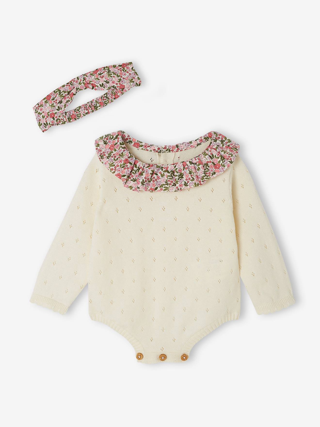 Vertbaudet Baby-Set: Kurzoverall & Haarband - wollweiß