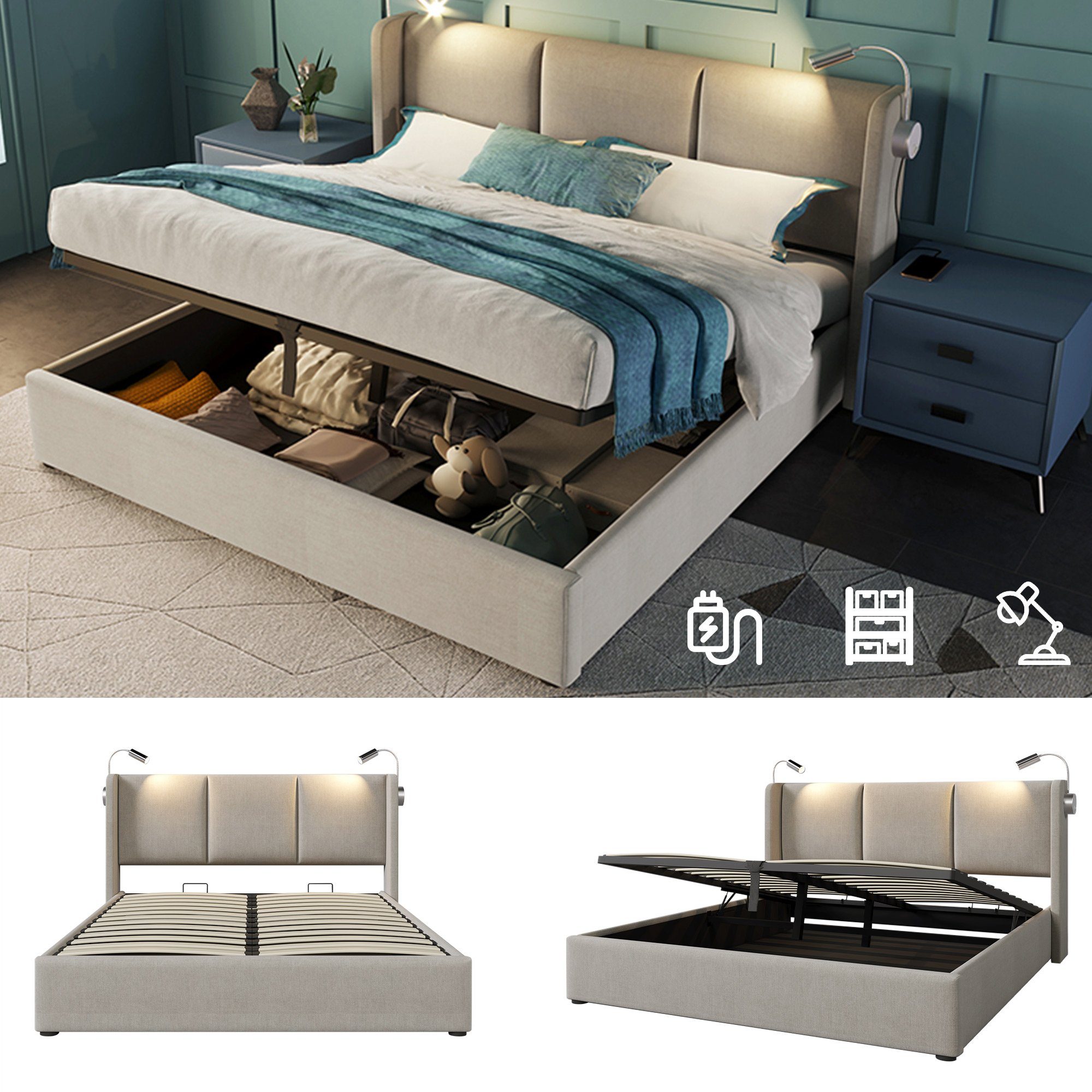 Ulife Polsterbett Beige Doppelbett Hydraulisches Stauraumbett Leinen 140x200, 160x200cm, Leselicht mit USB Ladefunktion Kopfteil