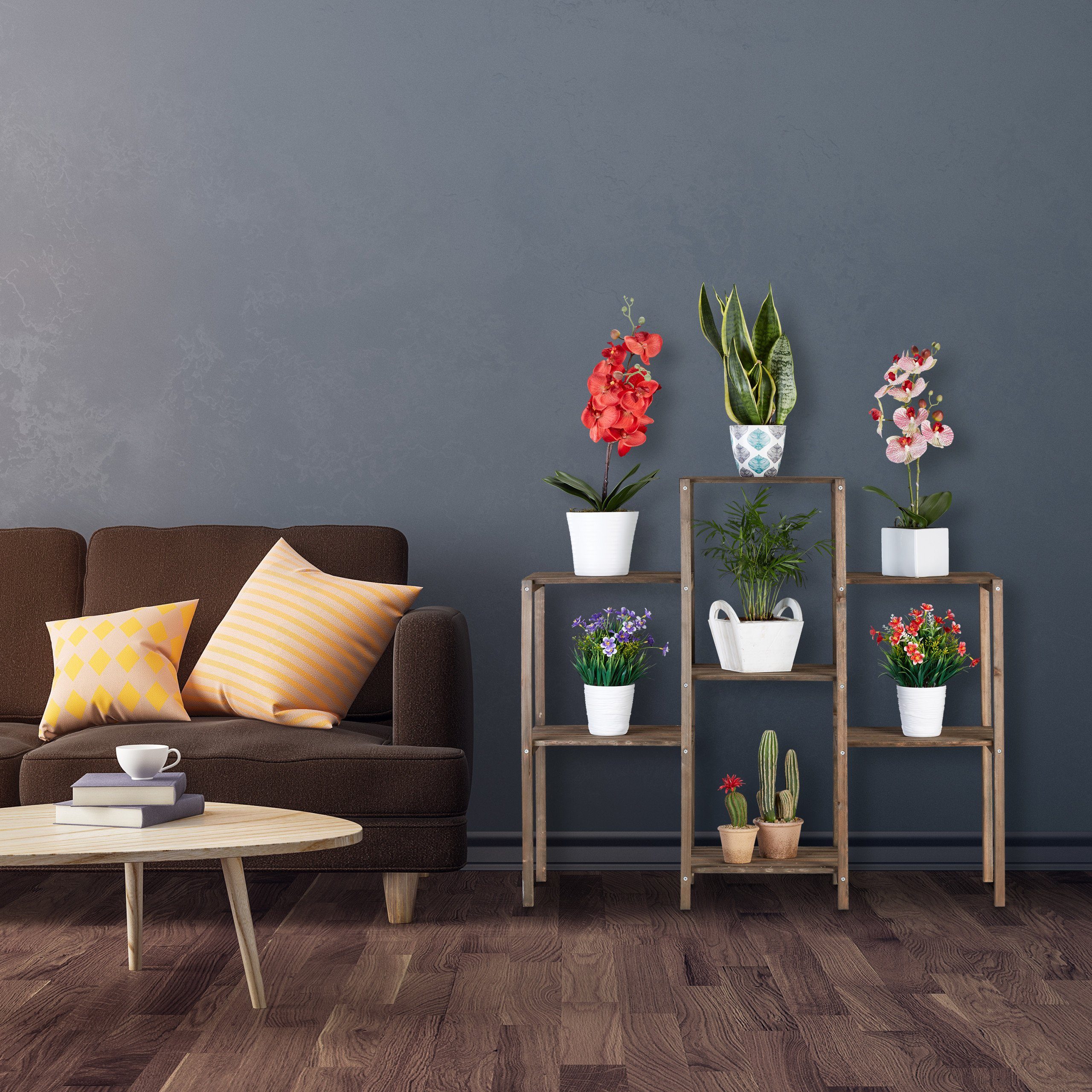 relaxdays Blumenständer Braunes Blumenregal aus Holz, M