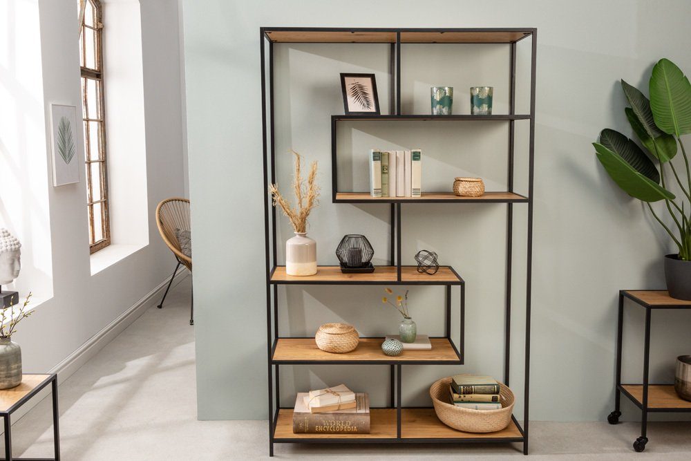 riess-ambiente Bücherregal SLIM LINE 185x114cm natur / schwarz, Einzelartikel 1-tlg., Wohnzimmer · Holzwerkstoff · Metall · mit Ablage · Industrial