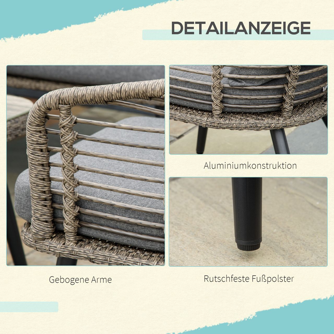 Outsunny Polyrattan Gartenmöbel Set 4-teiliges Rattensofa-Set Sitzgruppe Sitzgarnitur für Pause Lounge Teetisch mit Sofa Kissen Stahl Braun Grau