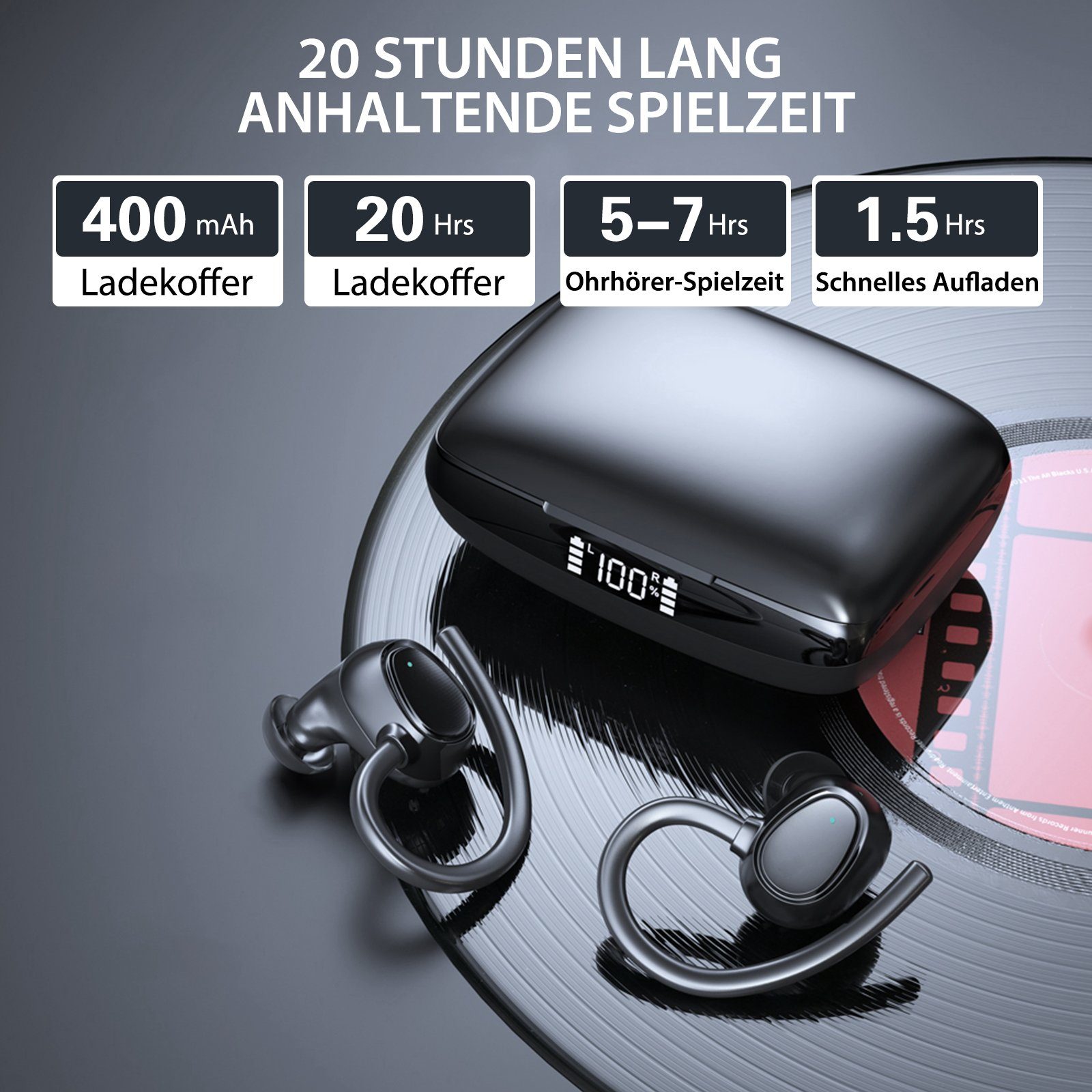 Yuede Bluetooth 5.3 Sportkopfhörer, Earbuds Kabellos mit Ohrbügeln In-Ear-Kopfhörer (Immersives HIFI-Stereo, Bluetooth Kopfhorer mit LED-Ladebox, ENC HD Anruf, Rauschunterdruckung, CVC8.0)