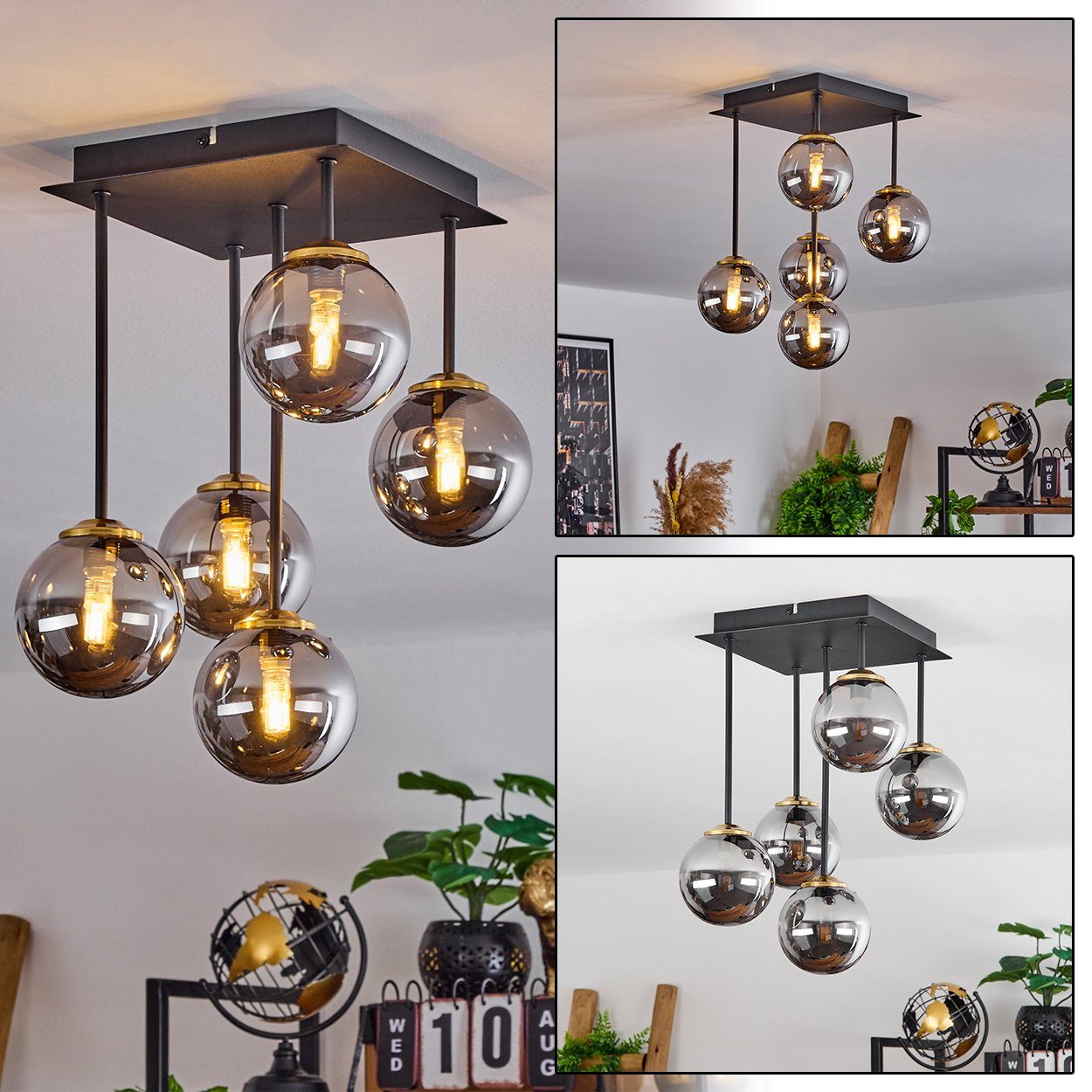 hofstein Deckenleuchte Isorella Deckenlampe aus Metall/Rauchglas in Schwarz/Messing/Chrom, ohne Leuchtmittel, Leuchte mit Kugelschirmen aus Glas, 5xG9