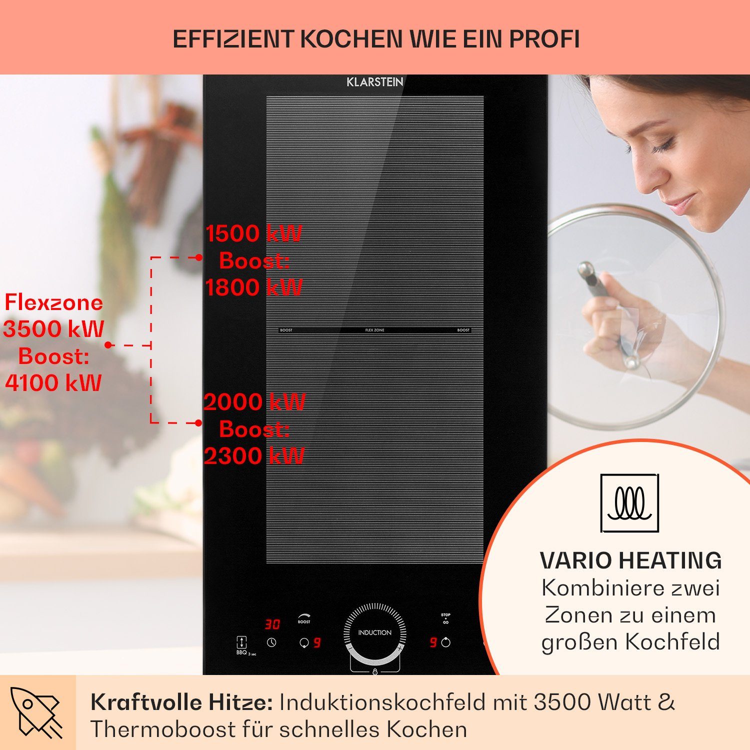 Klarstein Induktions-Kochfeld Delicatessa Slim Domino Induktionskochfeld 3500W Timer schwarz CP4-Delicatessa-Slim, Einbau Induktionsherd 2 Kochfelder Platten Elektro Einbaukochfeld