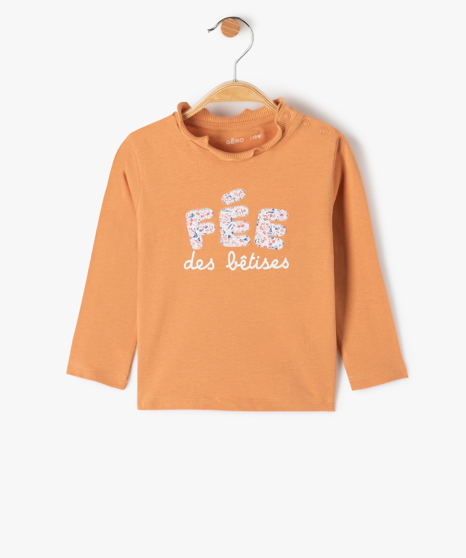 Tee-Shirt bébé fille avec inscription brodée et col froncé beige | GEMO