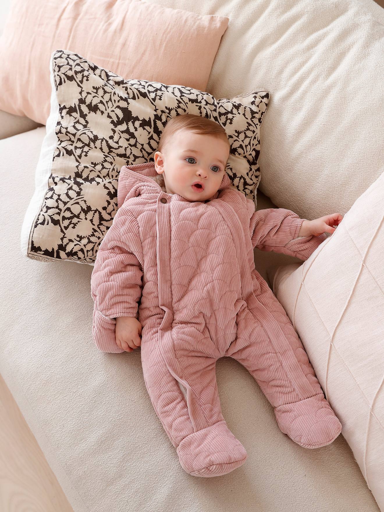 Combipilote en velours bébé double ouverture totale rose pale