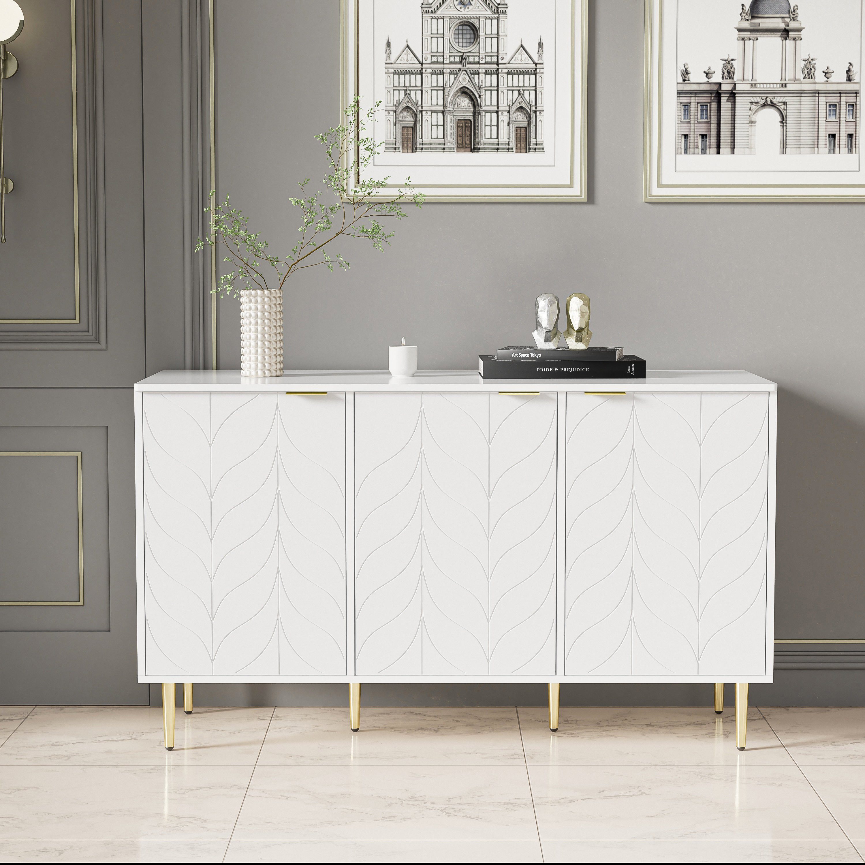 Fangqi Anrichte 127*45*75 modernes Sideboard,drei Türen mit sechs Fächern,Schließfach (set, Aufbewahrungsschrank mit vergoldeten Beinen und Griffen, lackiert, abgerundete Ecken, geeignet für Schlafzimmer, Wohnzimmer und Badezimmer, Büros, Multifunkti