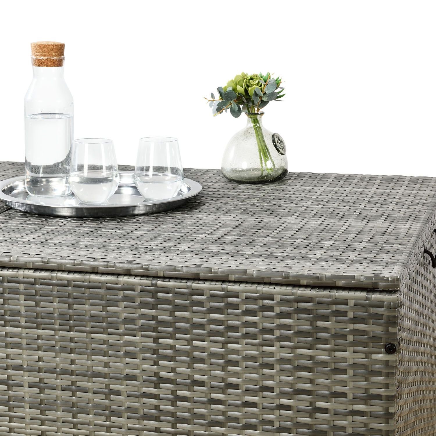 Juskys Auflagenbox Ikaria, aus Polyrattan, mit Deckel, Hubautomatik und Innenplane