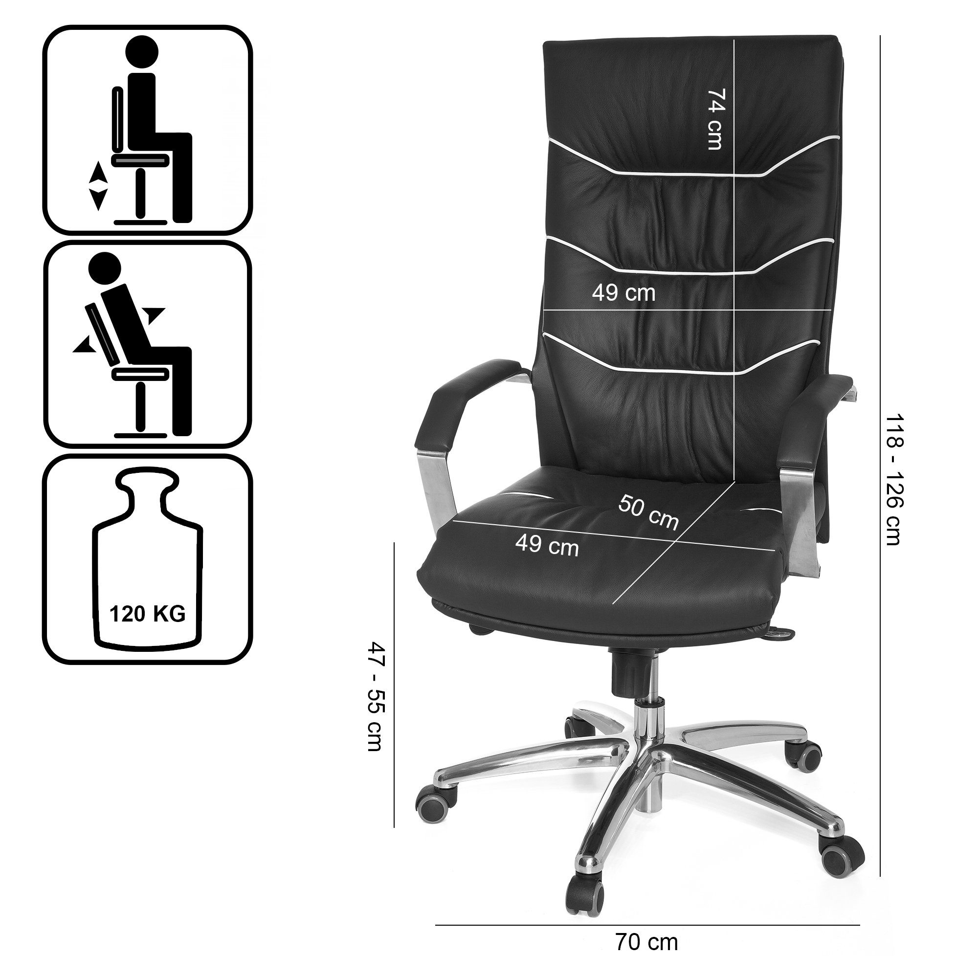 Amstyle Chefsessel SPM1.163 (Echtleder schwarz bis 120 kg, Bürostuhl X-XL), Schreibtischstuhl Drehbar, Drehstuhl mit Armlehne