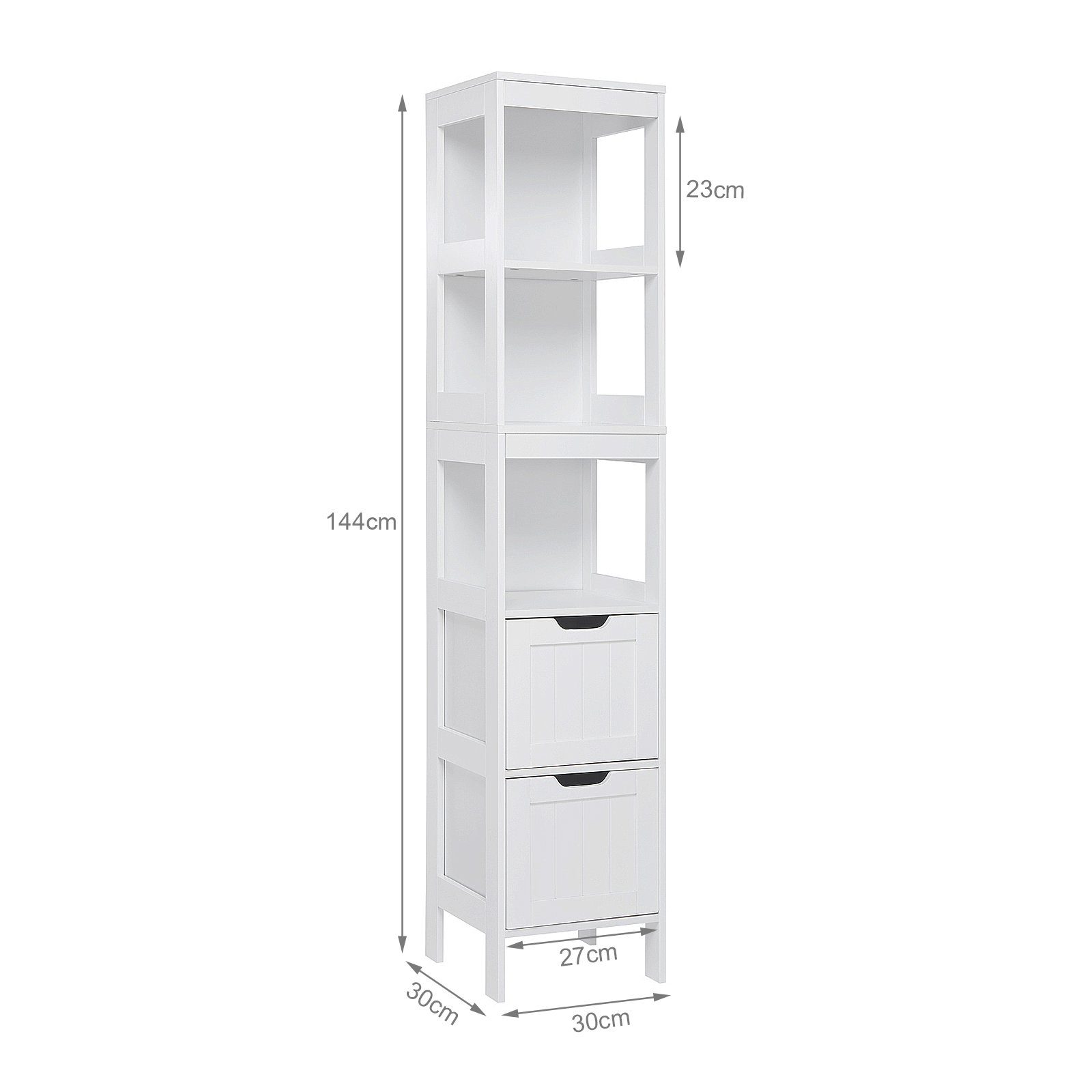 Mondeer Badkommode Badezimmerschrank, Hochschrank, Badschrank, mit 2 Schubladen und 3 offenen Regal