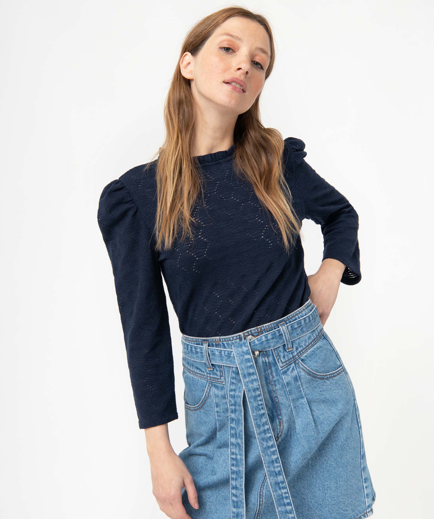 Tee-shirt femme à manches longues en maille texturée noir | GEMO