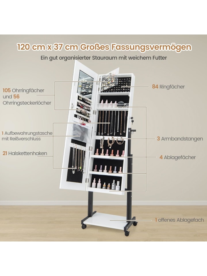 COSTWAY Schmuckschrank LED mit Rollen 4 in 1 in Weiß günstig kaufen onesize