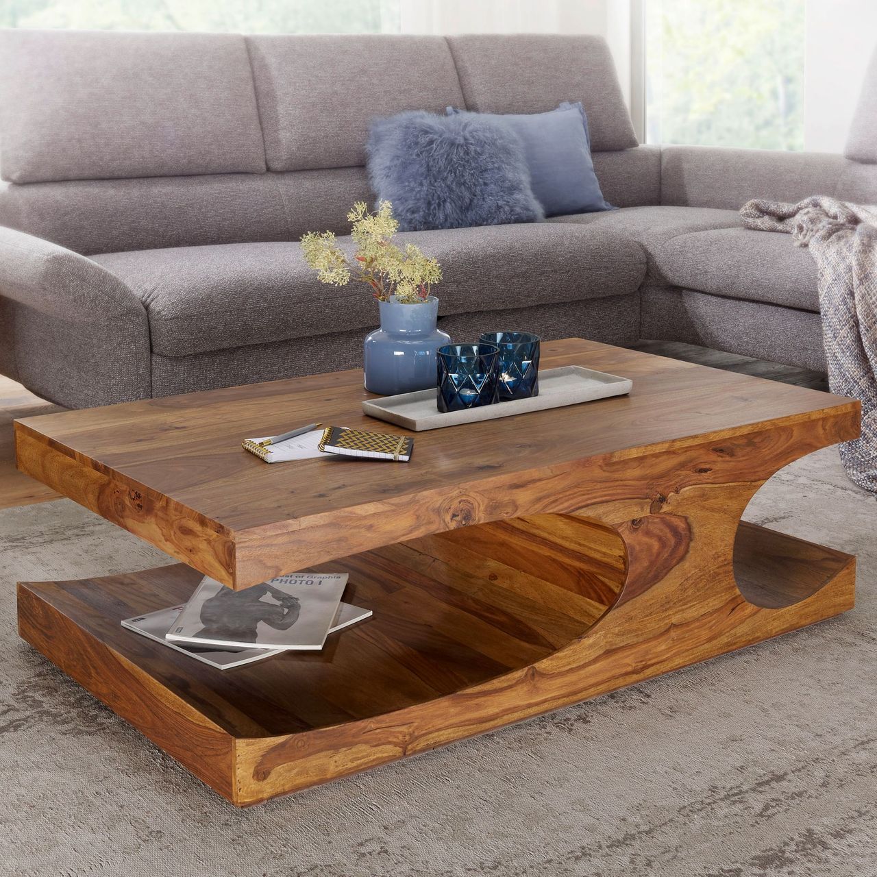 Wohnling Sheesham Massivholz Couchtisch mit Ablagefächern 118 x 70 cm