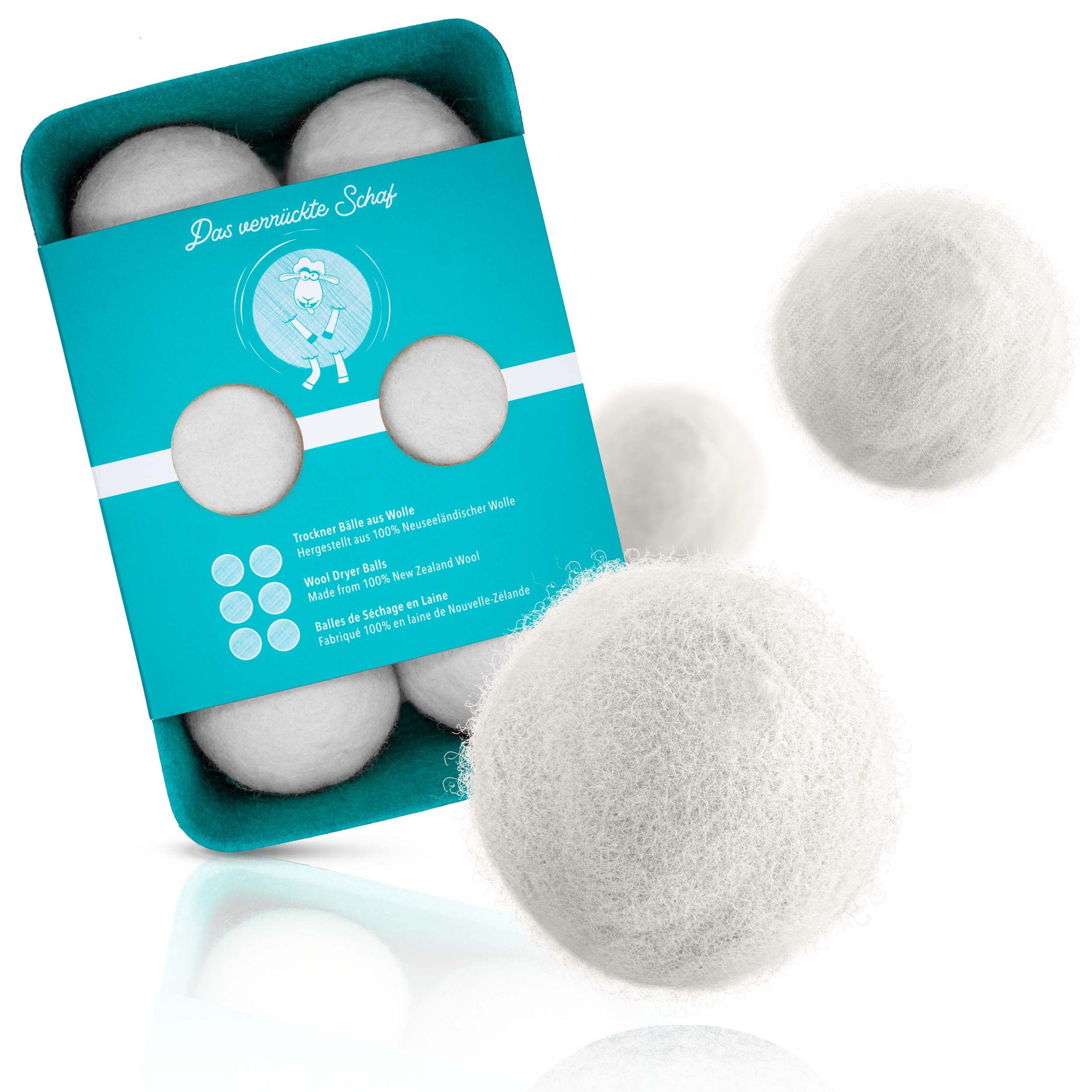 Tridono Trocknerball Das Verrückte Schaf Trocknerbälle Nachhaltige Dryer Balls für Wäschetrockner 6er Set weiße Filzbälle aus 100% Schafwolle mit Aufbewahrungsbox Natürlicher Weichspüler-Ersatz.