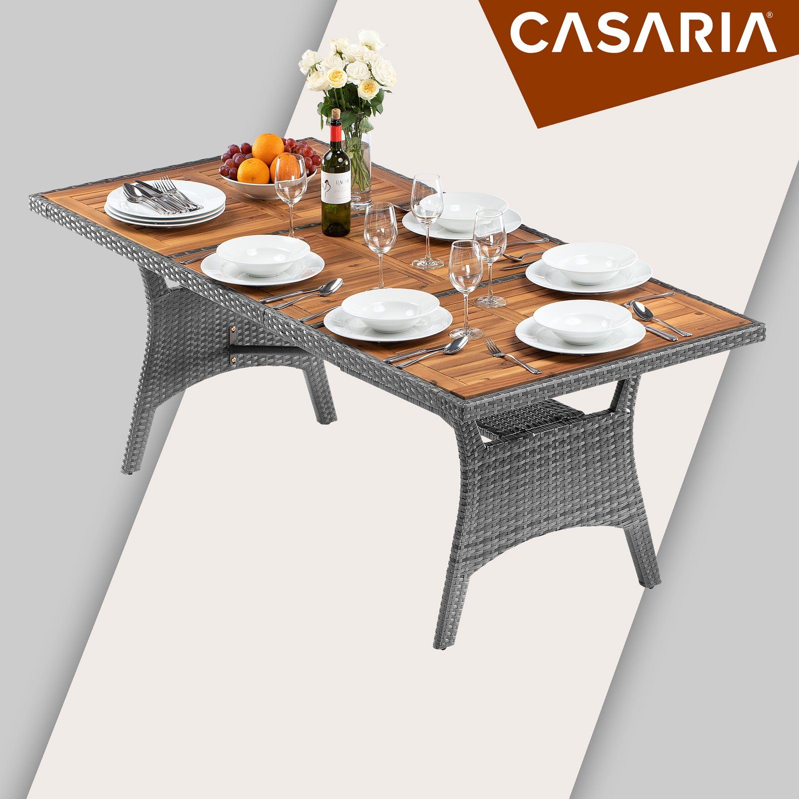 Casaria Gartentisch (1-St), Polyrattan mit Ablage FSC®- zertifiziertes Akazienholz 190x90x74cm