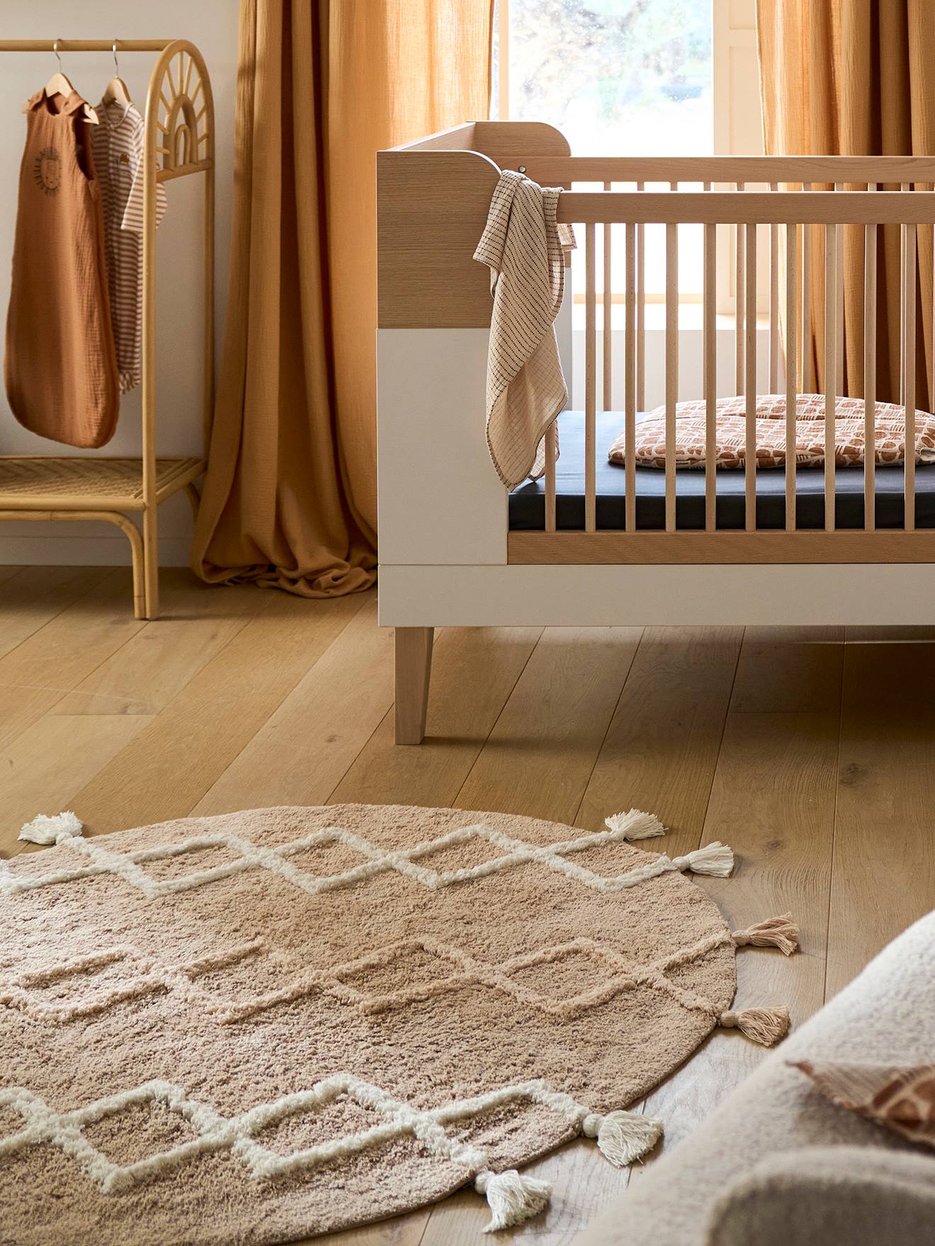 Vertbaudet Runder Kinderzimmer Teppich mit Pompons, Berber-Stil - beige